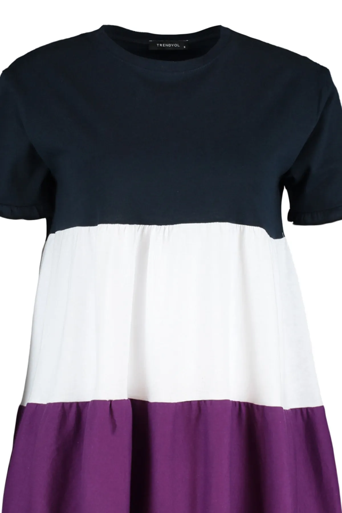 Trendyol Collection  Marineblaues Mini-Strickkleid im Farbblock-Design aus 100 % Baumwolle TWOSS20EL1638