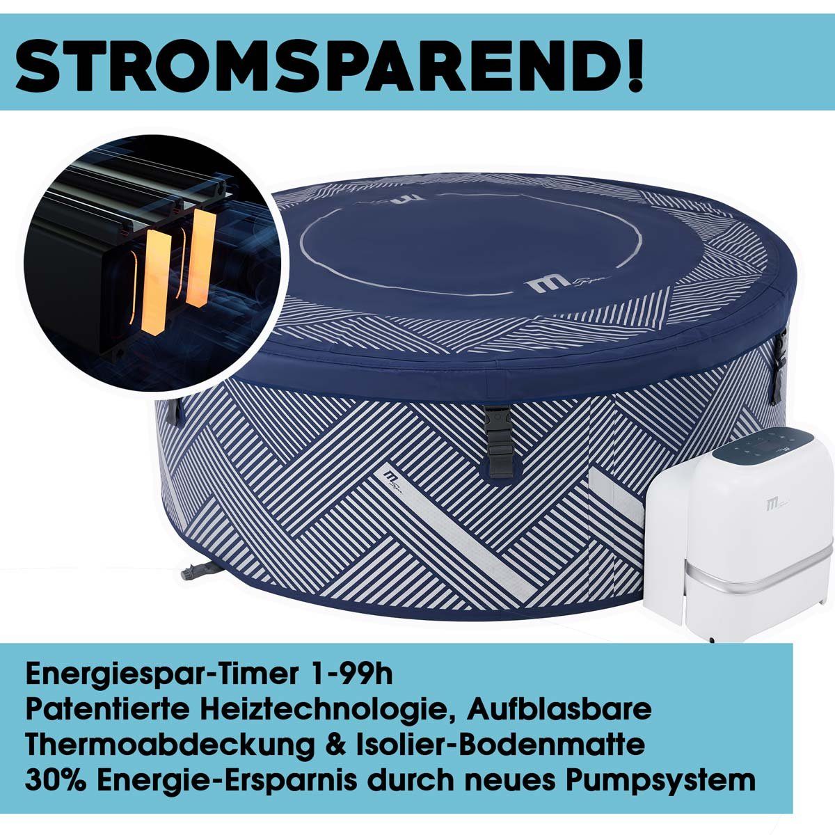 mSpa Whirlpool BRAST aufblasbar Naval für 6 Personen Ø173x65cm In- Outdoor Pool, (Isolierende Bodenmatte Timer Heizung Bubble Spa Wellness Massage, 138 Massagedüsen inkl. aufblasbare Thermoabdeckung)