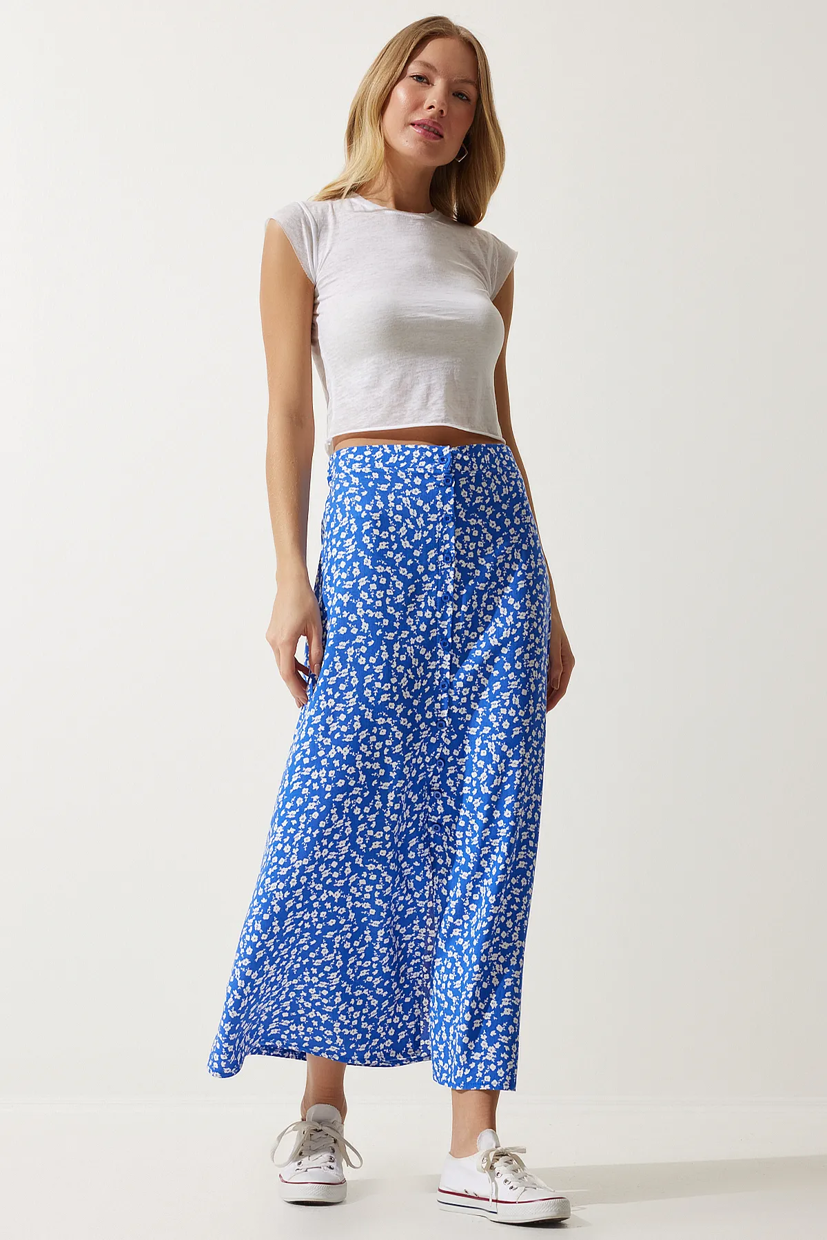 Happiness İstanbul  Blau gemusterter Viskoserock mit Schlitz für Damen UB00246