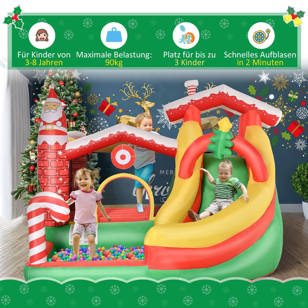 Outsunny Weihnachten Aufblasbare Hüpfburg mit Rutsche Ballgrube für 3 Kinder Springburg mit Gebläse für 3-8 Jahre Innenbereich Kindergarten Oxford-Gewebe Polyester Rot Grün Weiß 290 x 280 x 220 cm