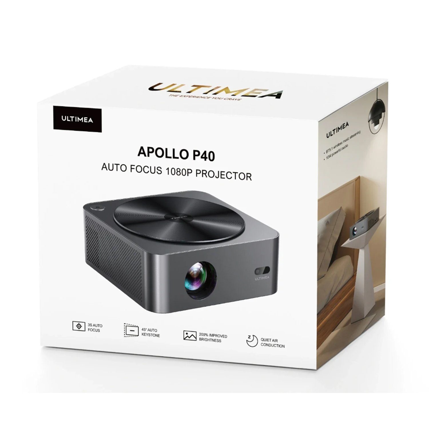 Ultimea Apollo P40 Full HD 1080P Native mit Autofokus & 6D Autotrapezkorrektur Beamer (21000 lm, 15000:1, 1920 x 1080 px, 4K unterstützt, 100%-50% Zoom, 5G+2.4G Dual-Band WiFi)