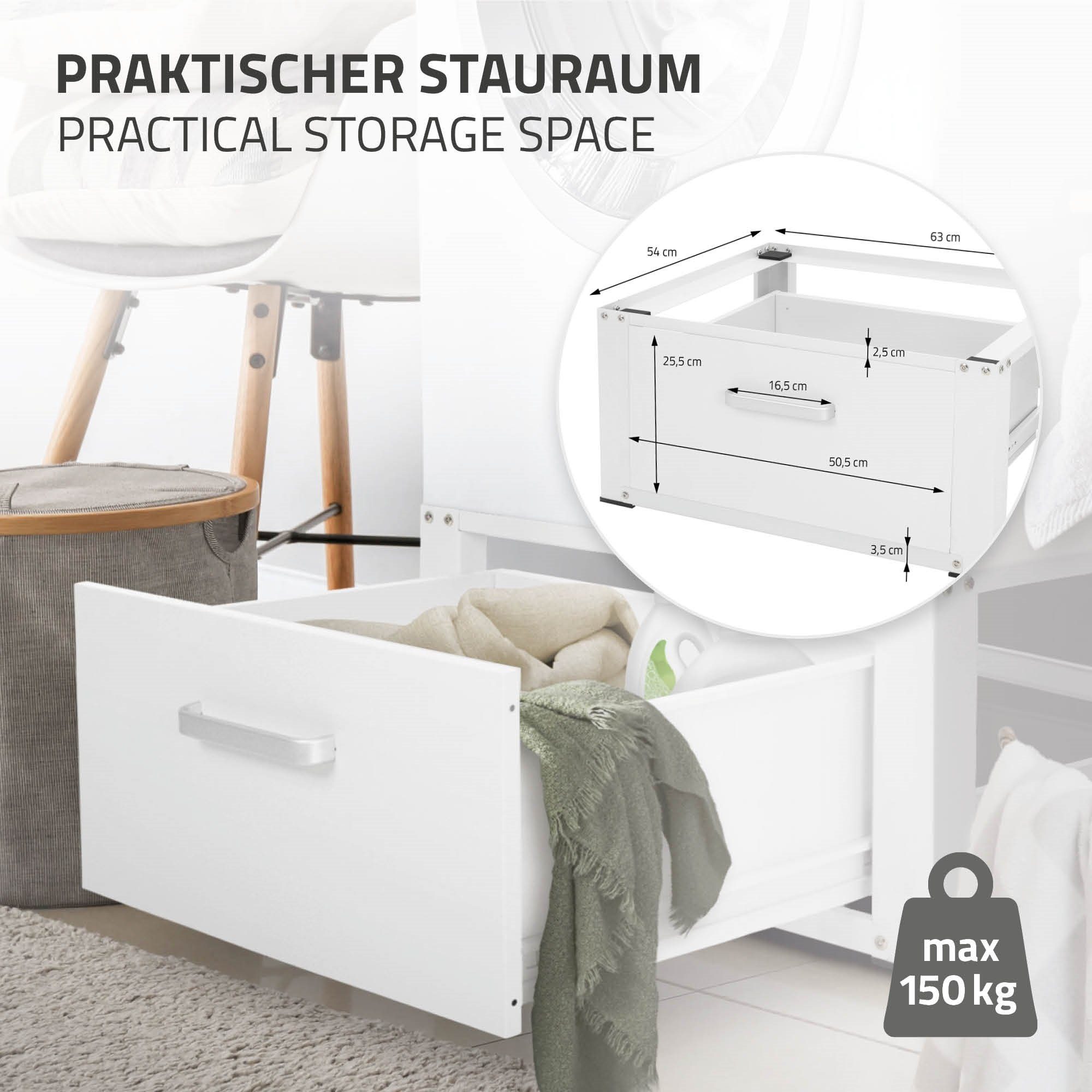 ML-DESIGN Waschmaschinenuntergestell Waschmaschinen Untergestell mit Schublade 63x54cm Weiß aus Stahl