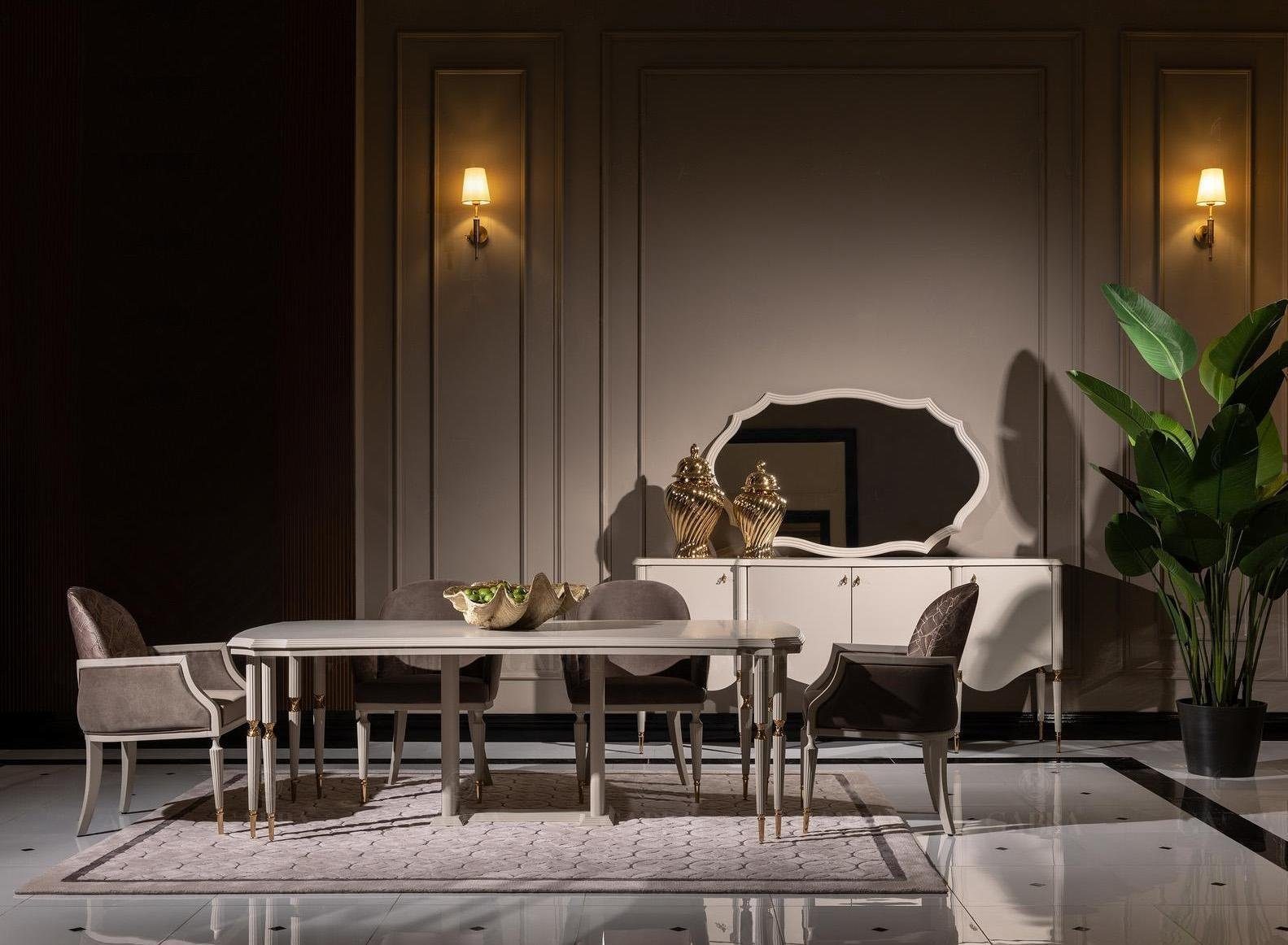 JVmoebel Esszimmer-Set Essgruppe Essecke Esstisch Stühle 9tlg Esszimmer Beige Holz Anrichte, (9-St., 1x Esstisch + 6x Stühle + 1x Sideboard + 1x Spiegel), Made in Europa