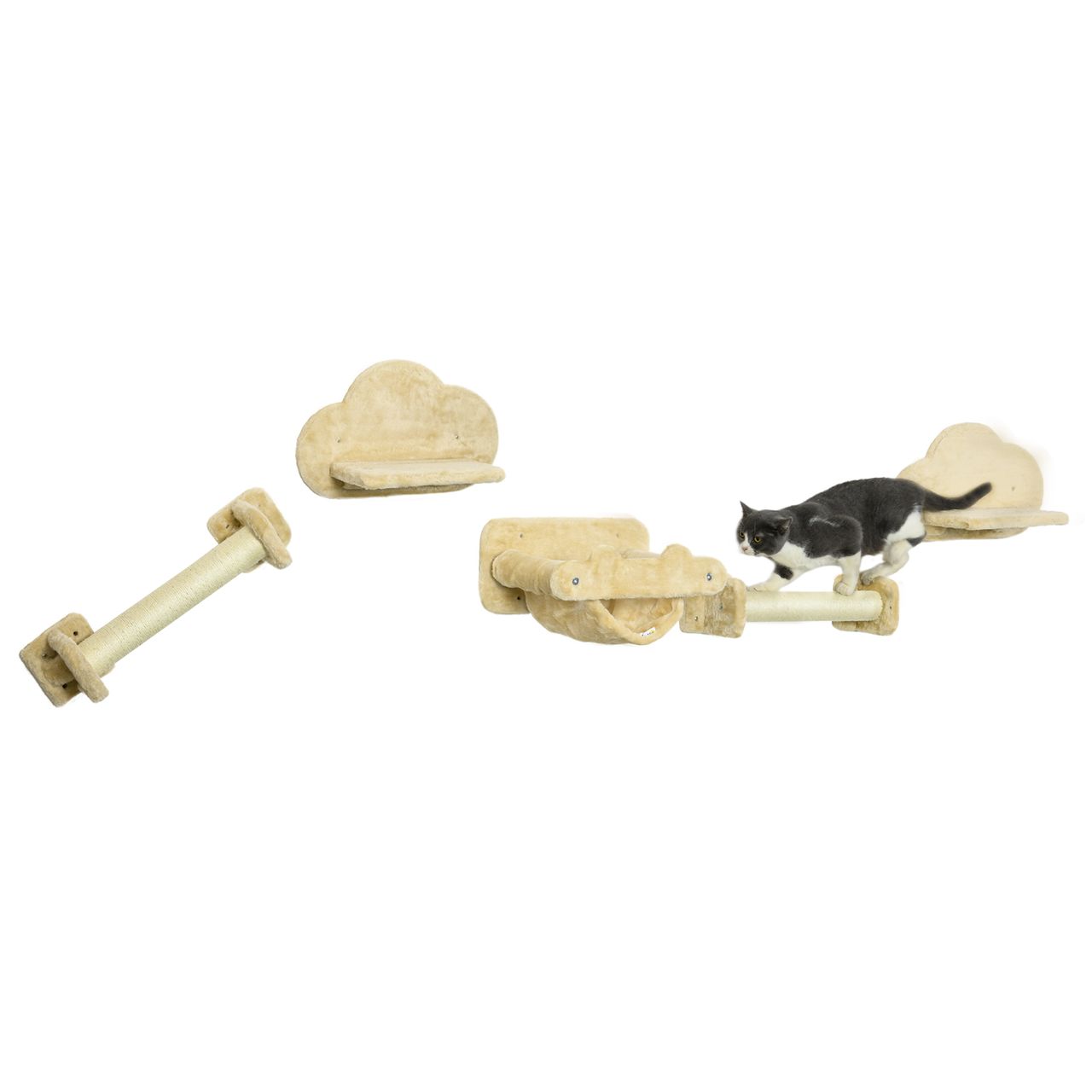 PawHut Katzentreppen-Set 2 Kratzstämme 2 Plattformen mit Plüsch Hängematte Beige