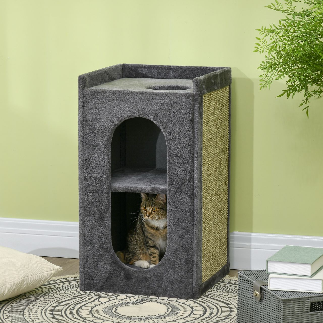 PawHut Kratztonne Höhe 81 cm, Katzentonne mit 2 Höhlen, Kratzturm mit Kratzbrett