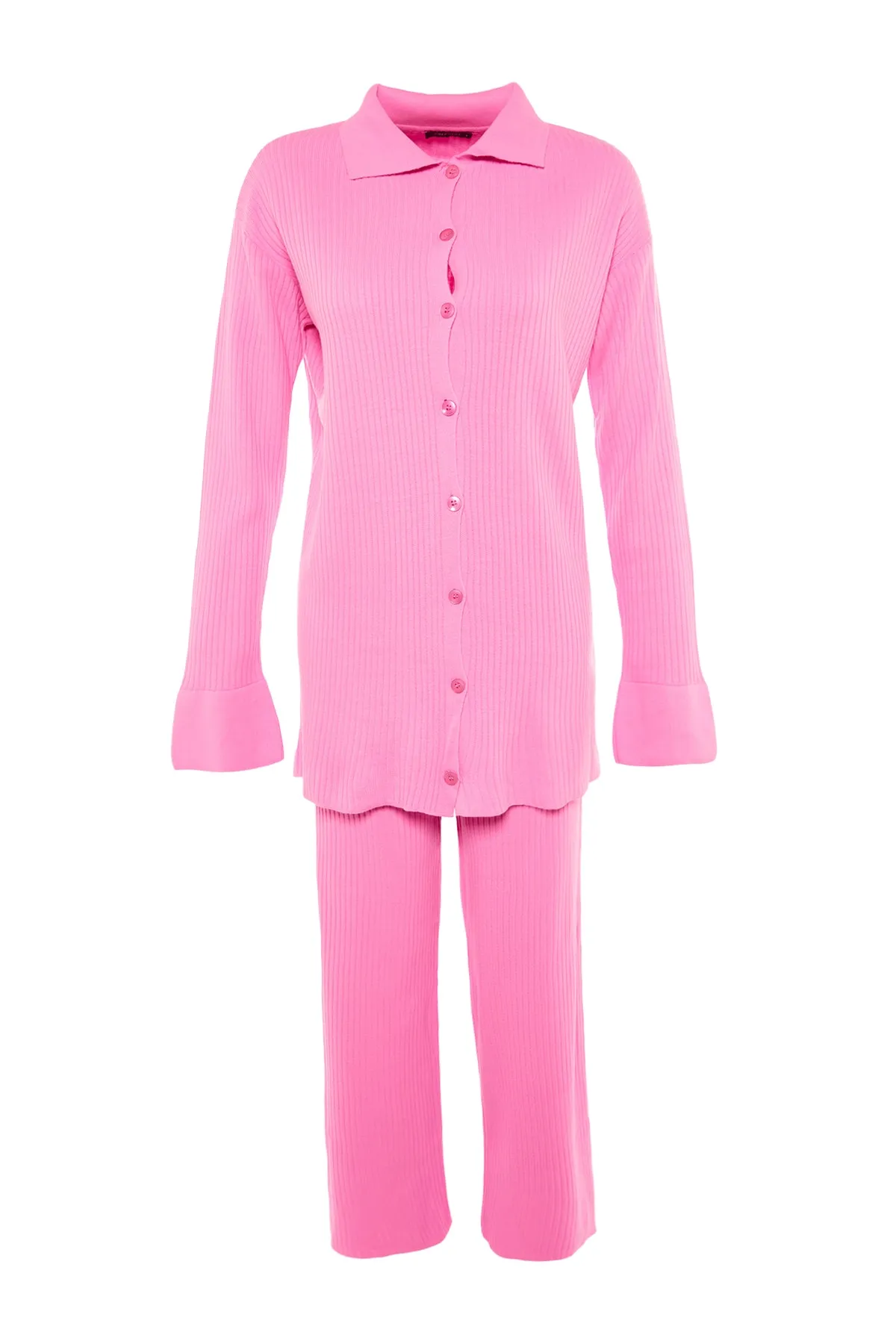 Trendyol Modest  Rosa Strickset mit Cardigan und Hose mit Schlitzdetail TCTAW23US00028