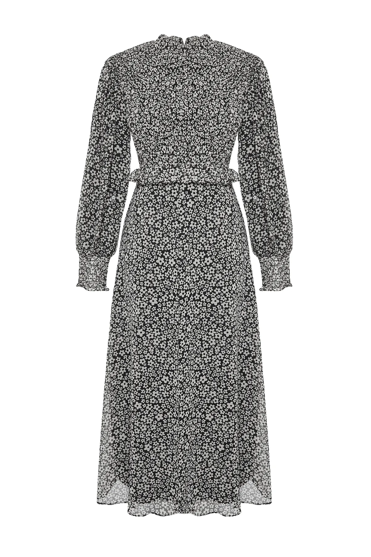 Trendyol Modest  Schwarzes, gefüttertes, florales, gewebtes Kleid mit Rüschen an der Taille TCTSS24EB00068
