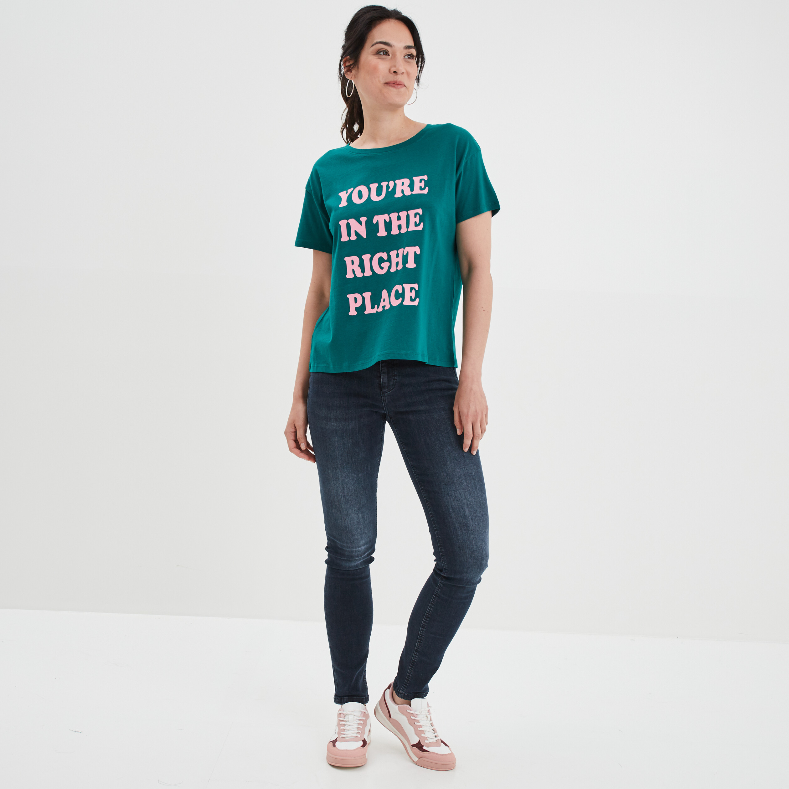 T-shirt col rond manches courtes coton vert émeraude femme | La Halle