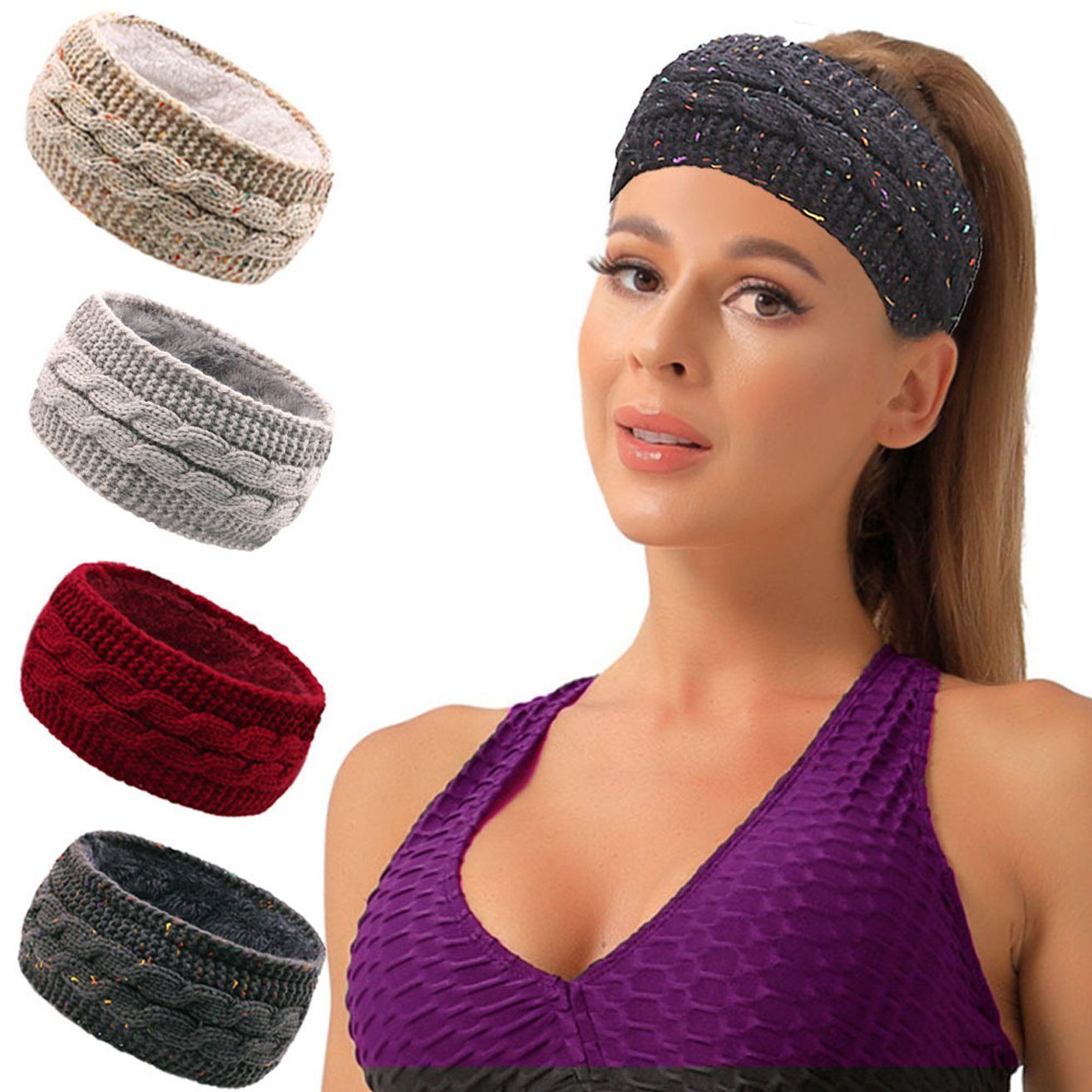 HOHEA H Haarband Gestricktes Stirnband mit Plüschfutter für den Herbst, Sport-Stirnband, 1-tlg., Gestricktes Stirnband für Mädchen, Ohrenwärmer, weich, Winter-Stirnbänder für Damen, rote Stirnbänder, verschiedene Farben