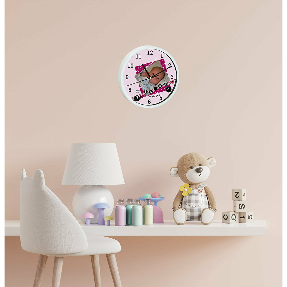 Kinder Wanduhr laufruhig personalisiert mit Name Scrapbooking rosa