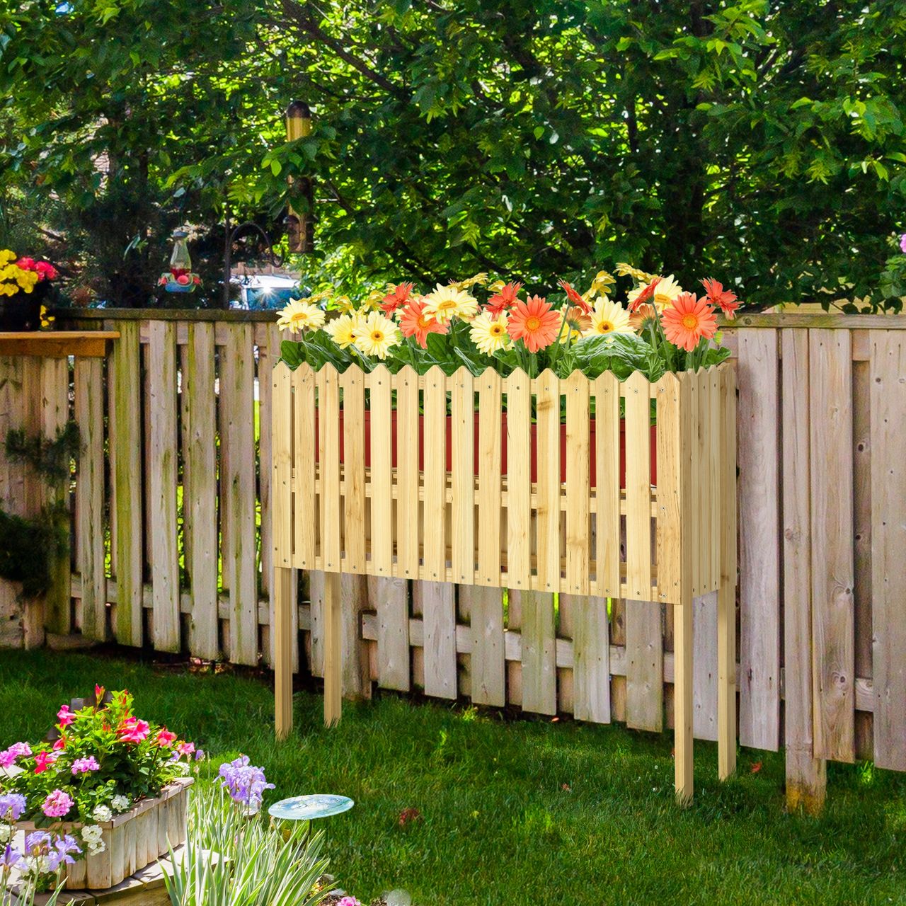 Outsunny Gartenzaun, 2-in-1 Holzzaun mit Blumentopfständer