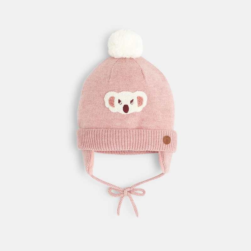 Bonnet maille tricot doublé polaire koala rose bébé fille