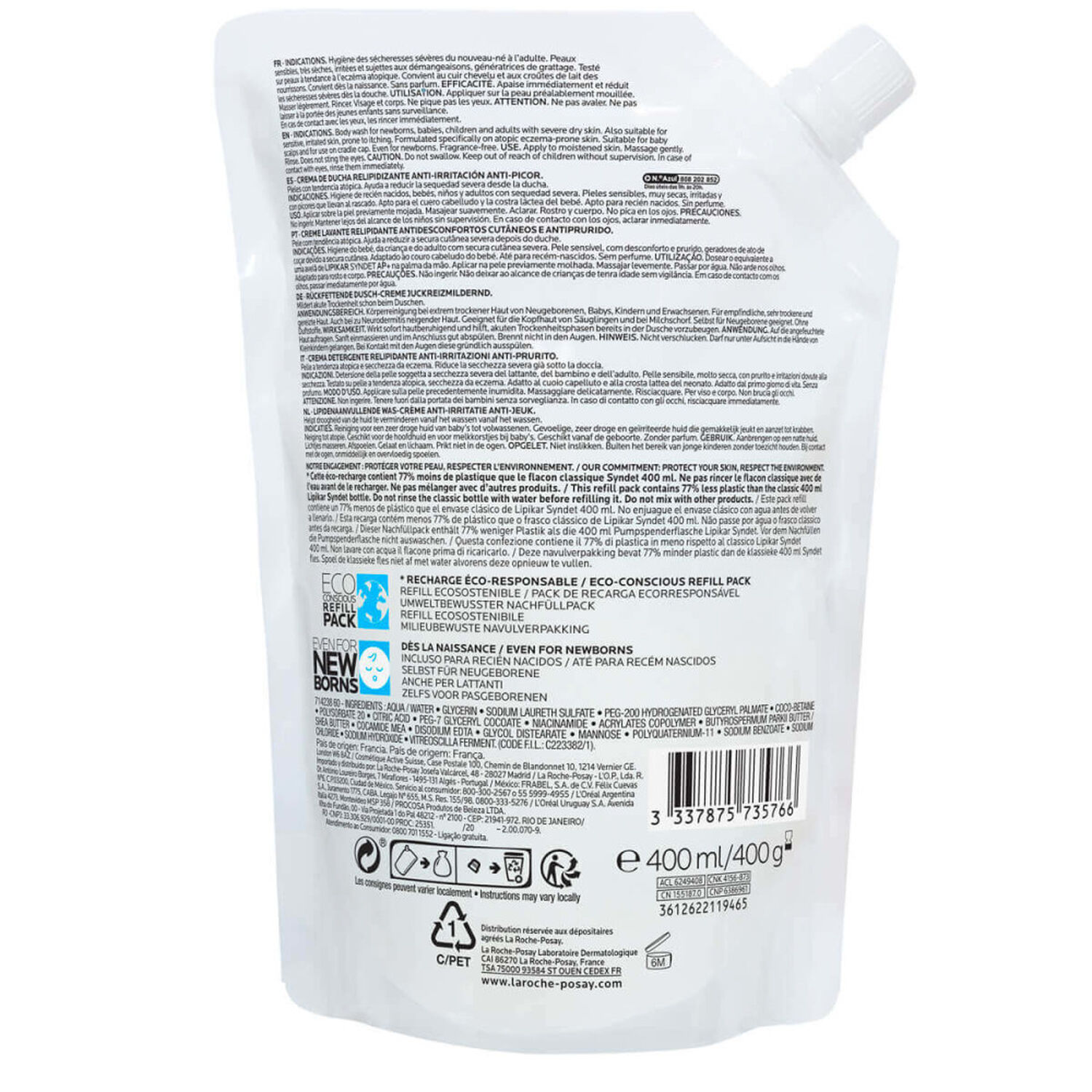 la roche-posay Lipikar Syndet Crème Lavante 400 ml + Eco Recharge 400 ml