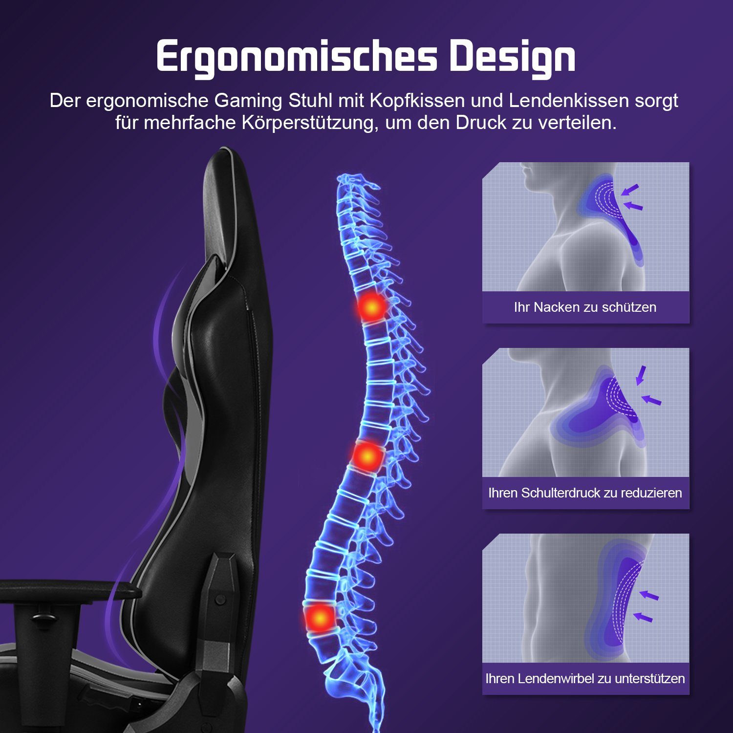 Daynee Gaming-Stuhl Gaming Stuhl,Bürostuhl Ergonomisch mit verstellbare Lendenkissen (Kopfkissen und Armlehnen,Gaming Chair Gepolstert), Gamer Stuhl Wippfunktion, Gaming Stuhl 150 kg Belastbarkeit