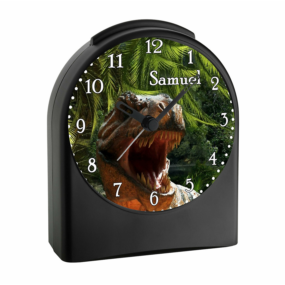 Kinder Funkwecker personalisiert mit Namen T-Rex Atom-/Funkuhr, 12-Stunden-Anzeigeformat, Schlummerfunktion, Nachtlicht, Geräuschlos/Ohne Ticken