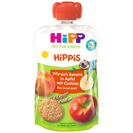 Hipp Bio Hippis Pfirsich-Banane in Apfel mit Cookies ab 1 Jahr 100G
