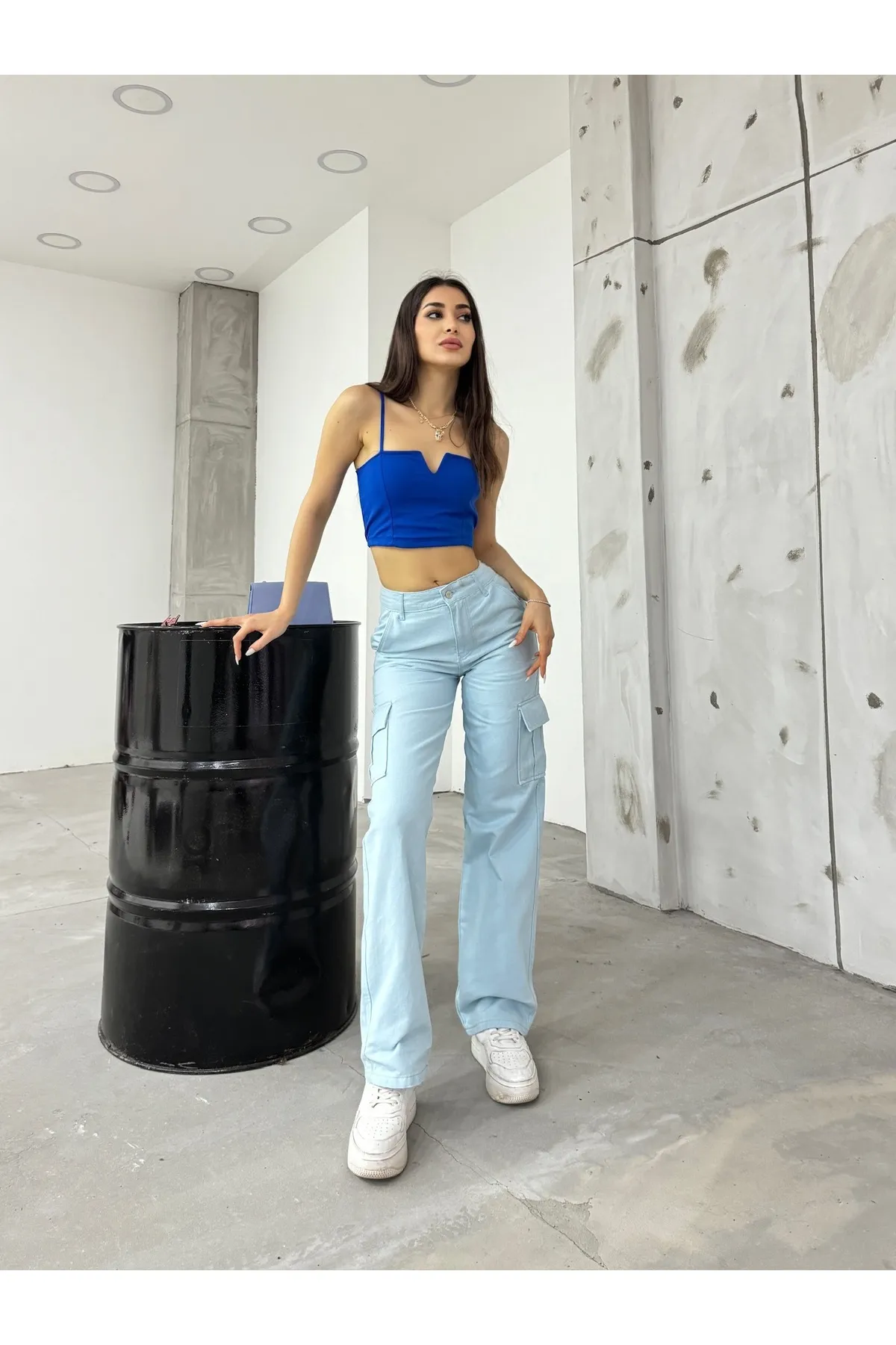 BİKELİFE  Babyblaue Cargohose für Damen mit hoher Taille und weitem Bein
