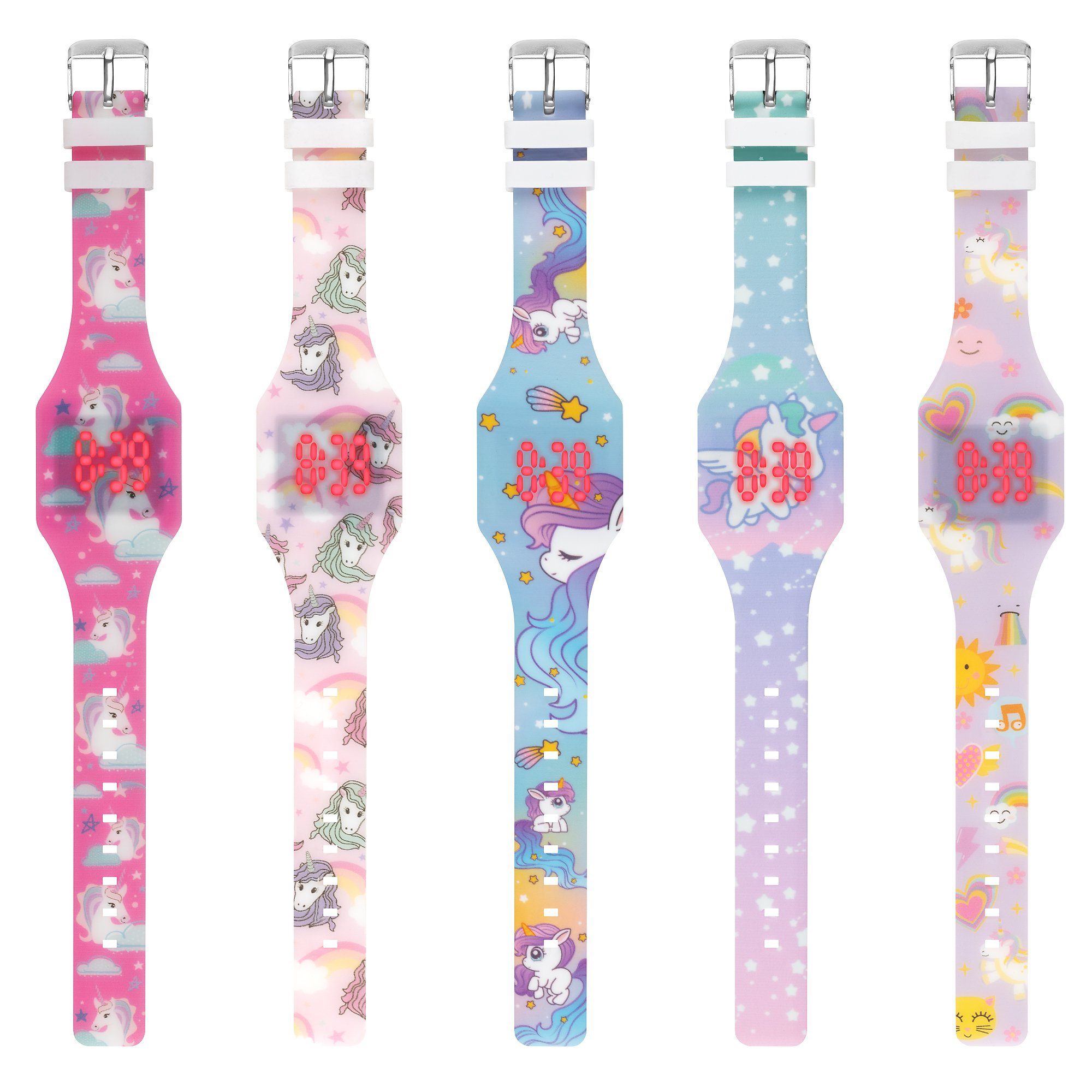 Taffstyle Quarzuhr Kinder Armbanduhr Silikon Einhorn Digital LED Uhr, Mädchen Fluoreszierend Sportuhr Kinderuhr Lernuhr Bunt Regenbogen