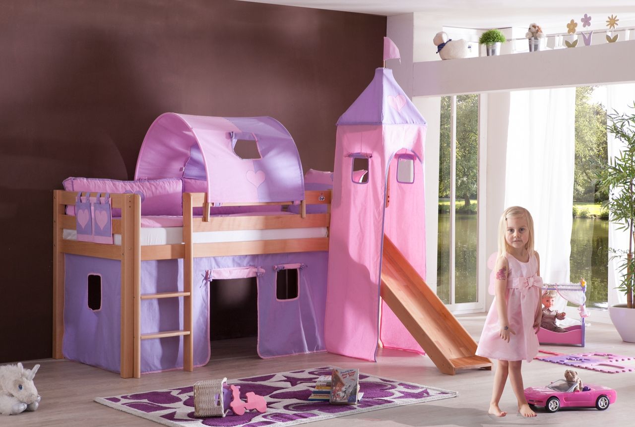 Relita Halbhohes Spielbett ALEX mit Rutsche/Turm/Tunnel Buche massiv natur lackiert mit Stoffset purple/rosa