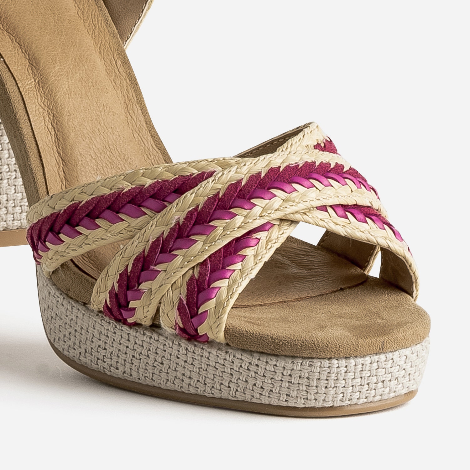 Sandale plateforme TEXTO beige tressée rouge et rose