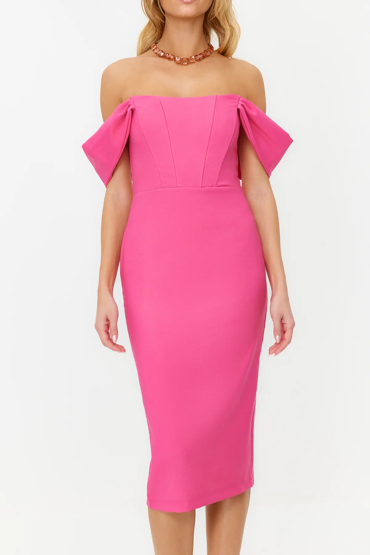 Trendyol Collection  Rosa, figurbetontes, gewebtes Korsett, detailliertes, elegantes Abendkleid TPRSS22EL00097