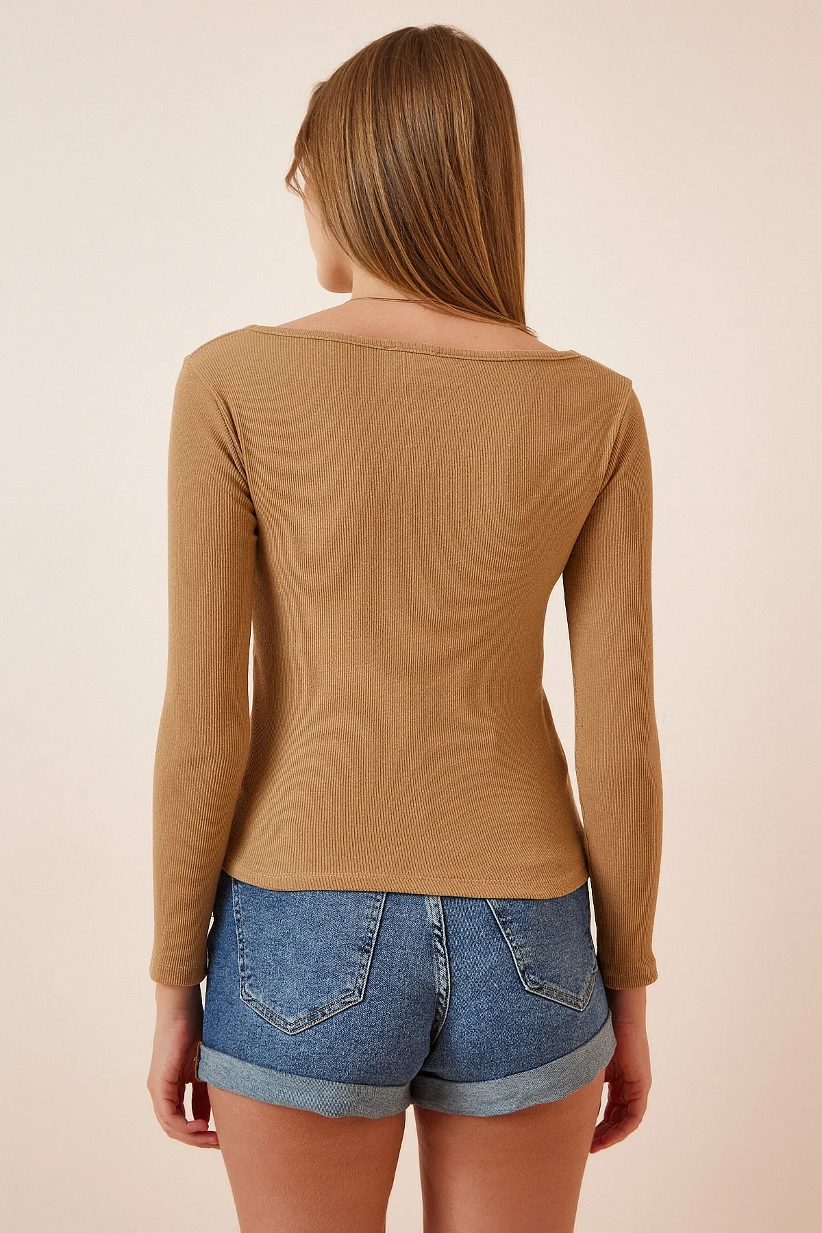 Happiness İstanbul  Braune Biscuit-Strickbluse mit quadratischem Ausschnitt im 2er-Pack für Damen GT00056