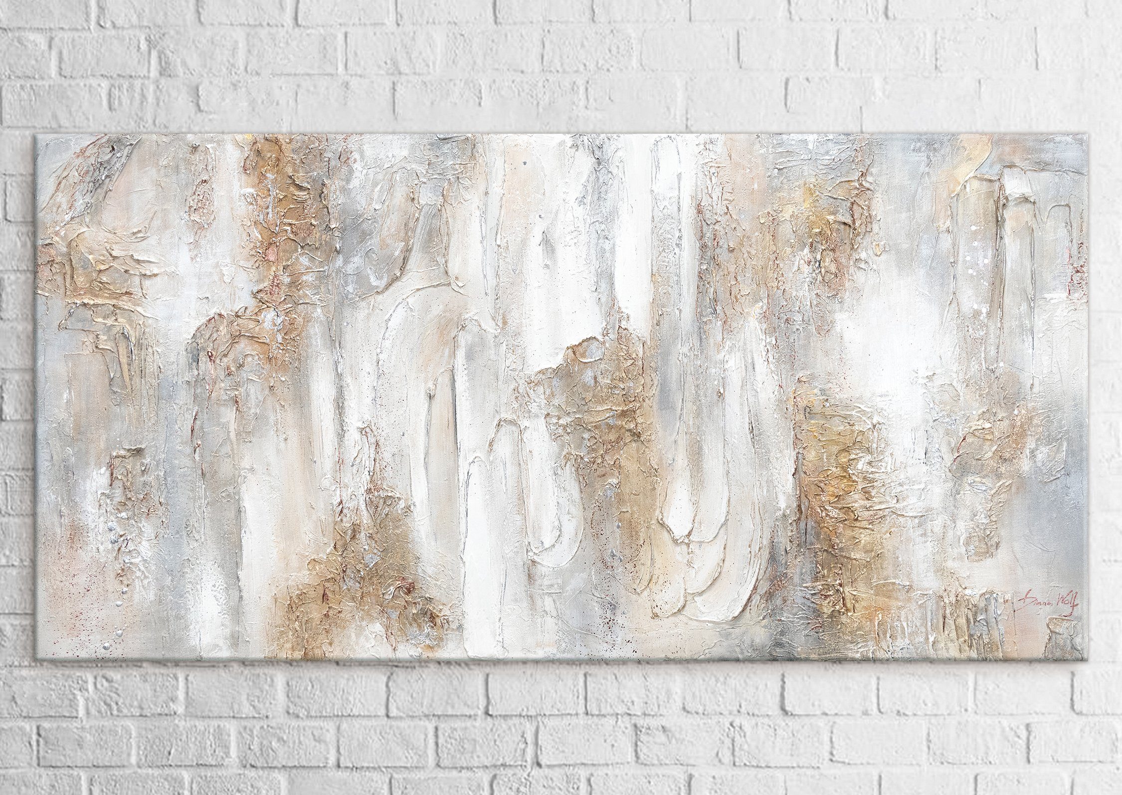 YS-Art Gemälde Philosophie, Abstrakte Bilder, Weiß Beige Gold Abstraktes Leinwand Bild Handgemalt 3D