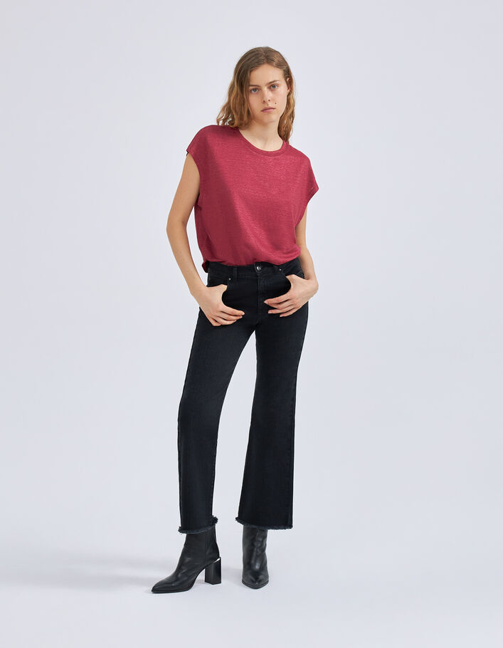 Tee-shirt bordeaux maille de lin irisée brodée Femme