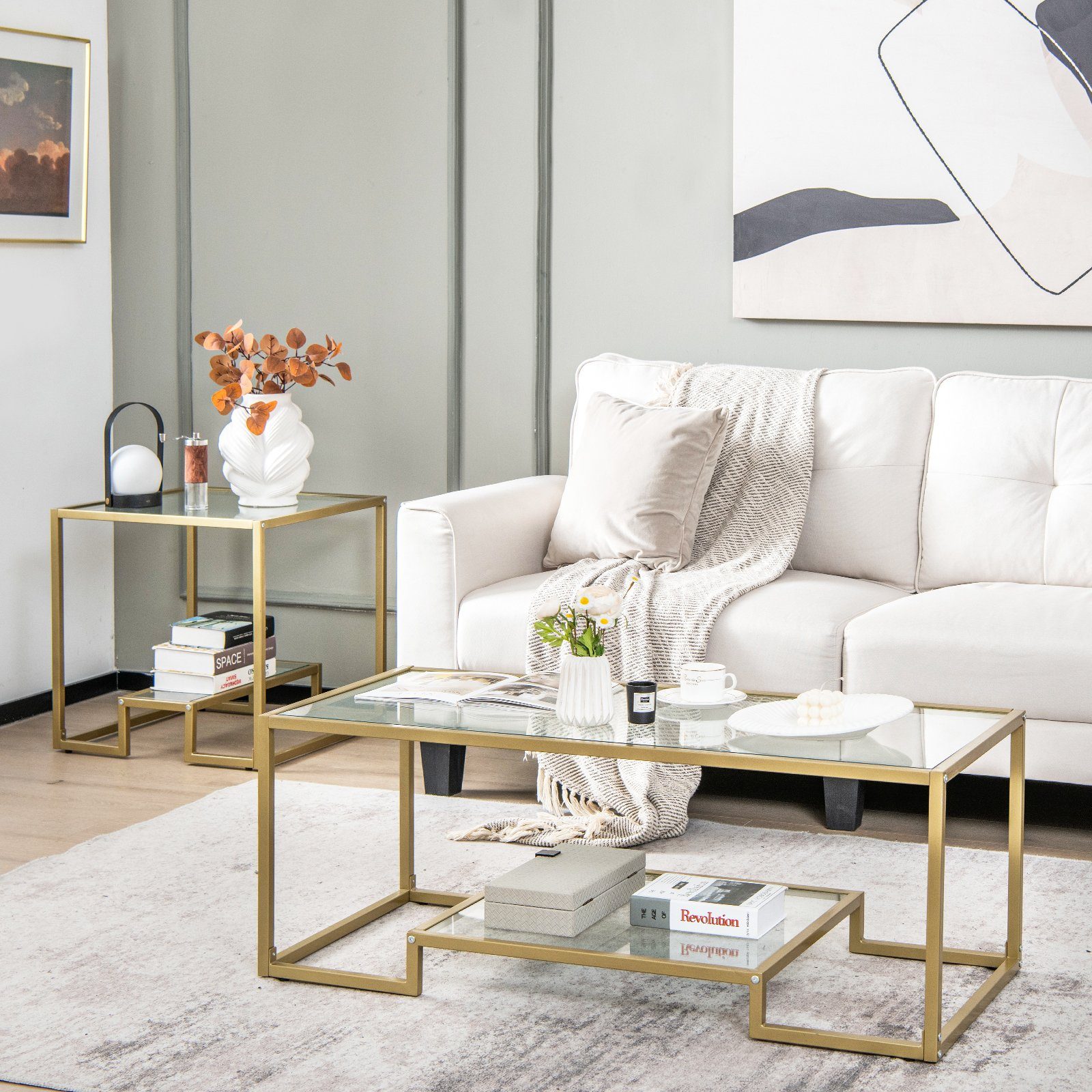 COSTWAY Couchtisch, Glas, Gold, mit Metallrahmen, 114 x 51 x 43,5 cm