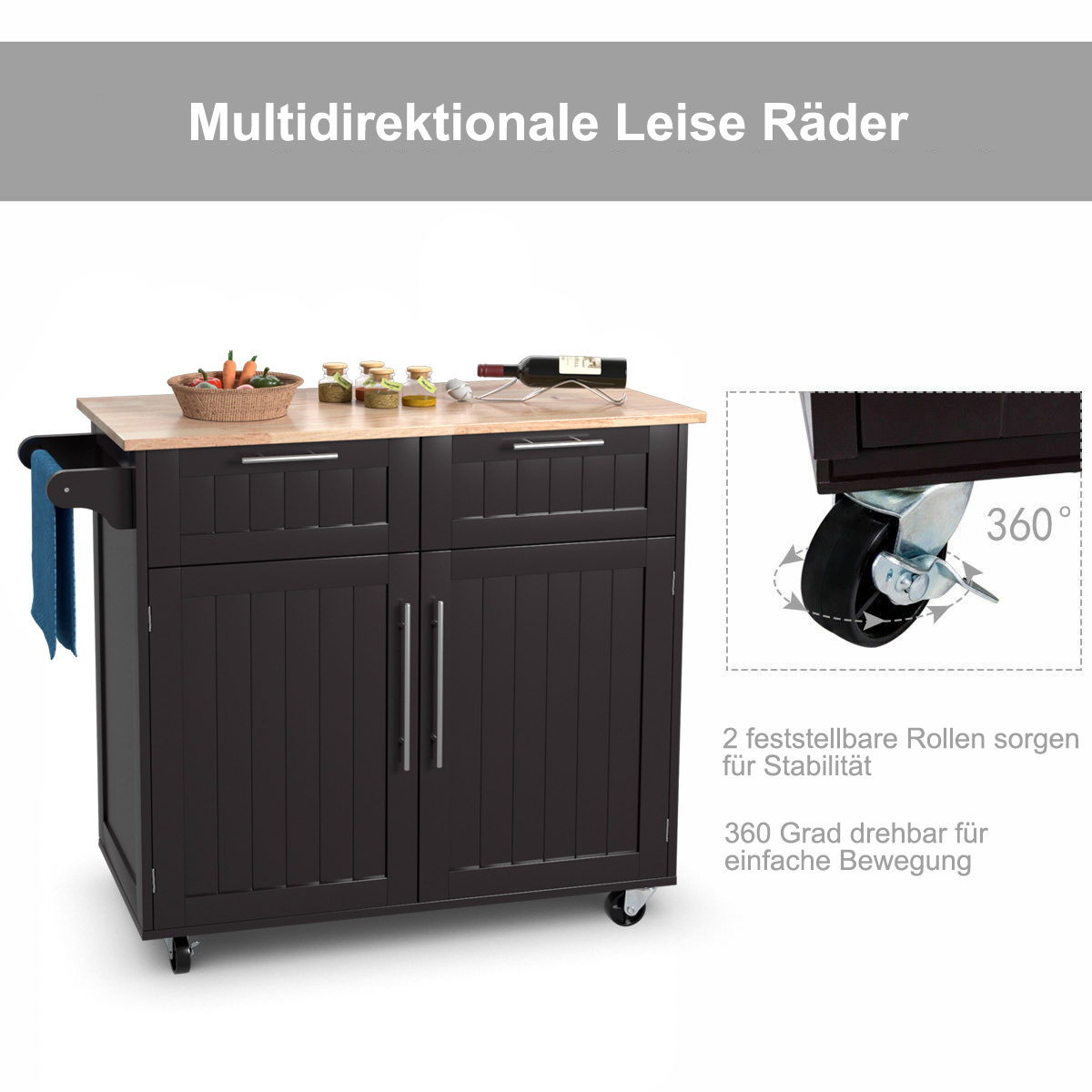 Costway Kücheninsel Servierwagen mit Rollen, mit Arbeitsplatte und Handtuchhalter, Kaffee