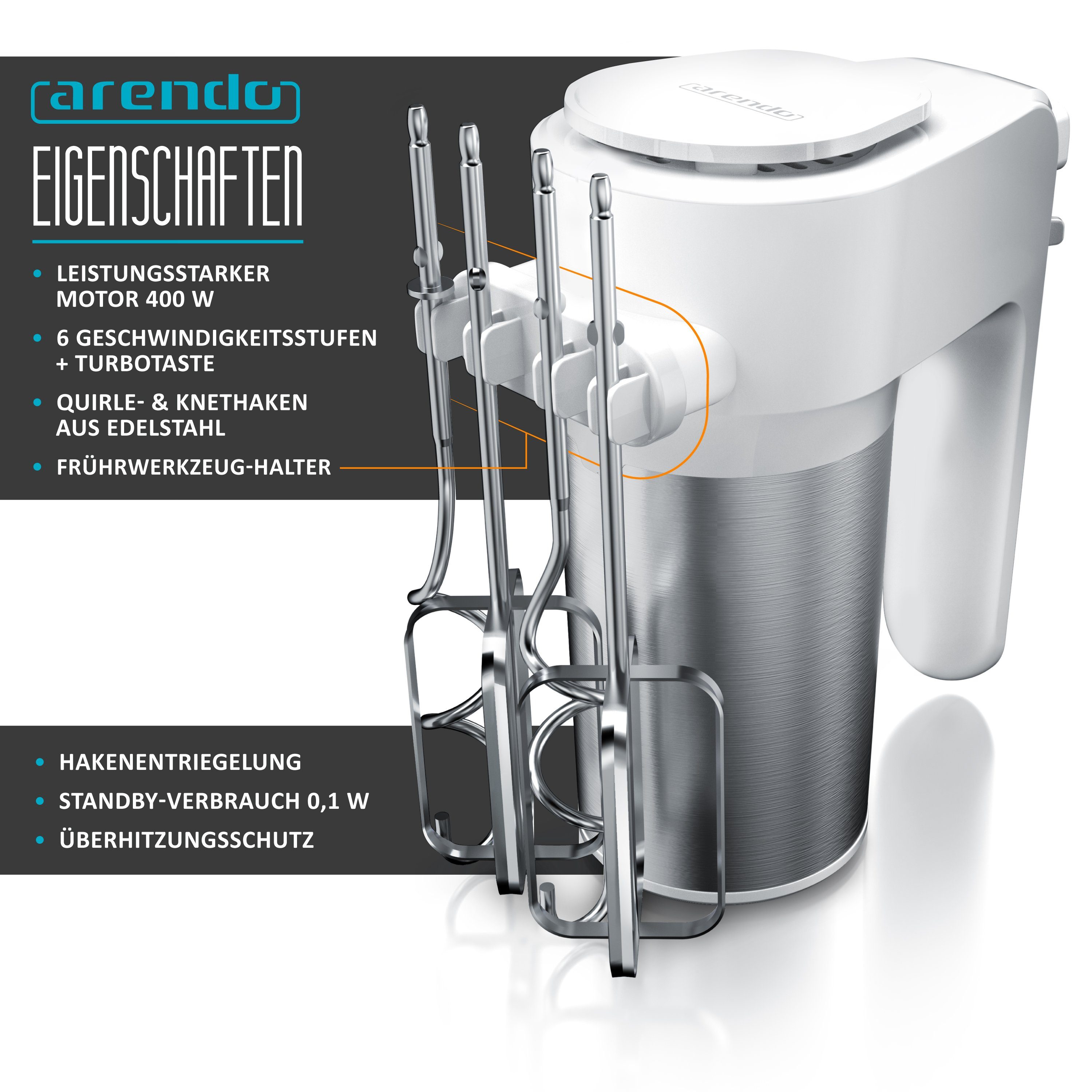 Arendo Handmixer, 400 W, inkl. 2 x Quirle und 2 x Knethaken aus Edelstahl