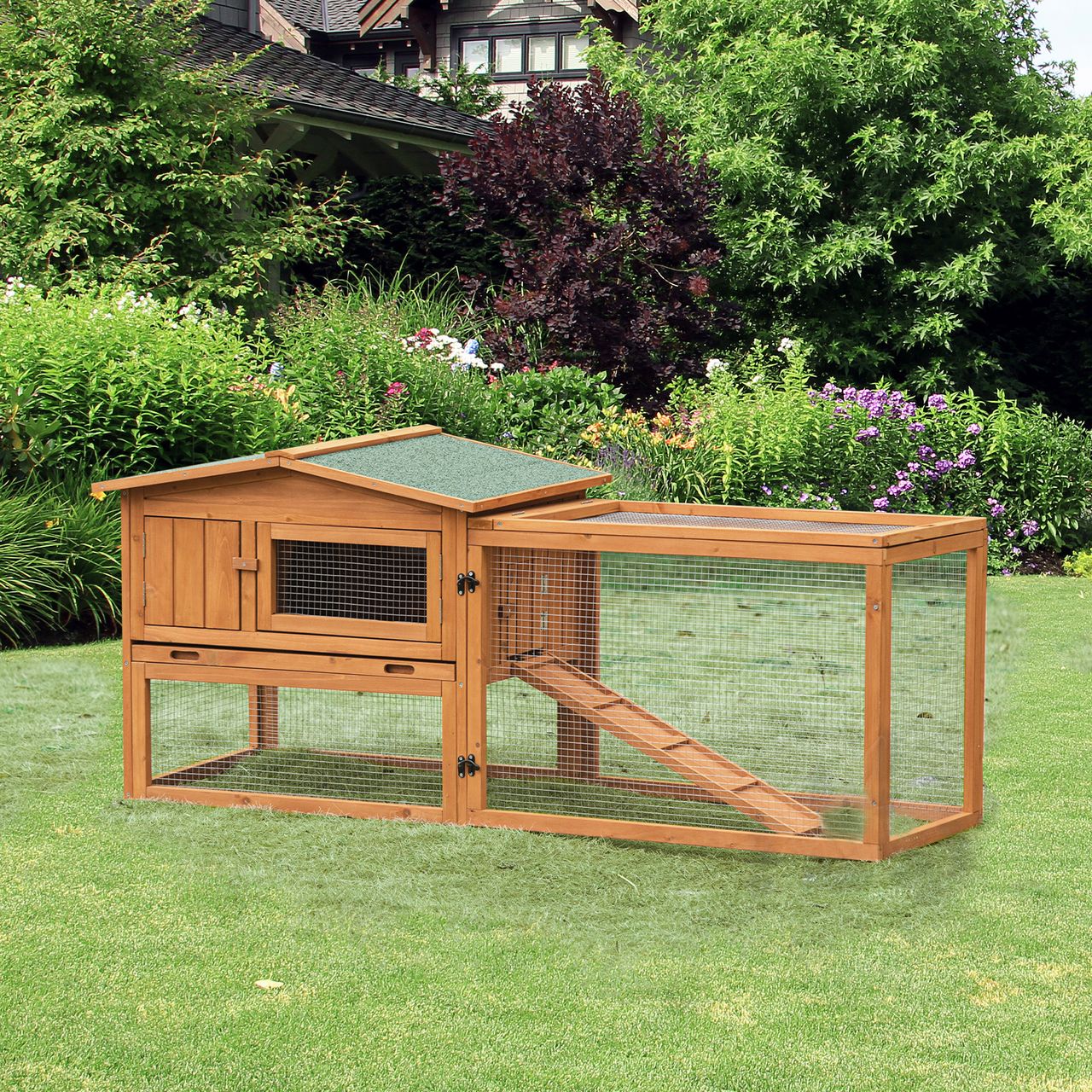 PawHut Kleintierstall Tannenholz Kleintierhaus mit Asphaltdach Kleintierkäfig mit Bodenwanne und Rampe Gehege Outdoor Indoor Orange 156 x 58 x 68 cm