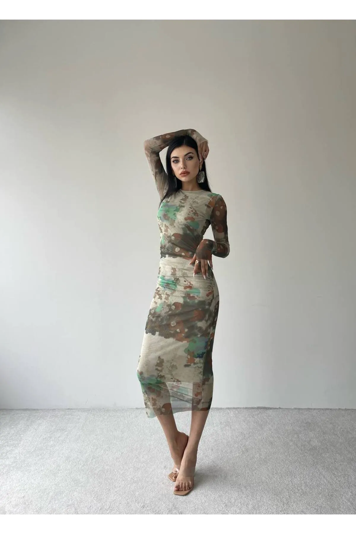 SONREİR  MIDI-GEMUSTERTES KLEID MIT FINGERUHRFUTTER