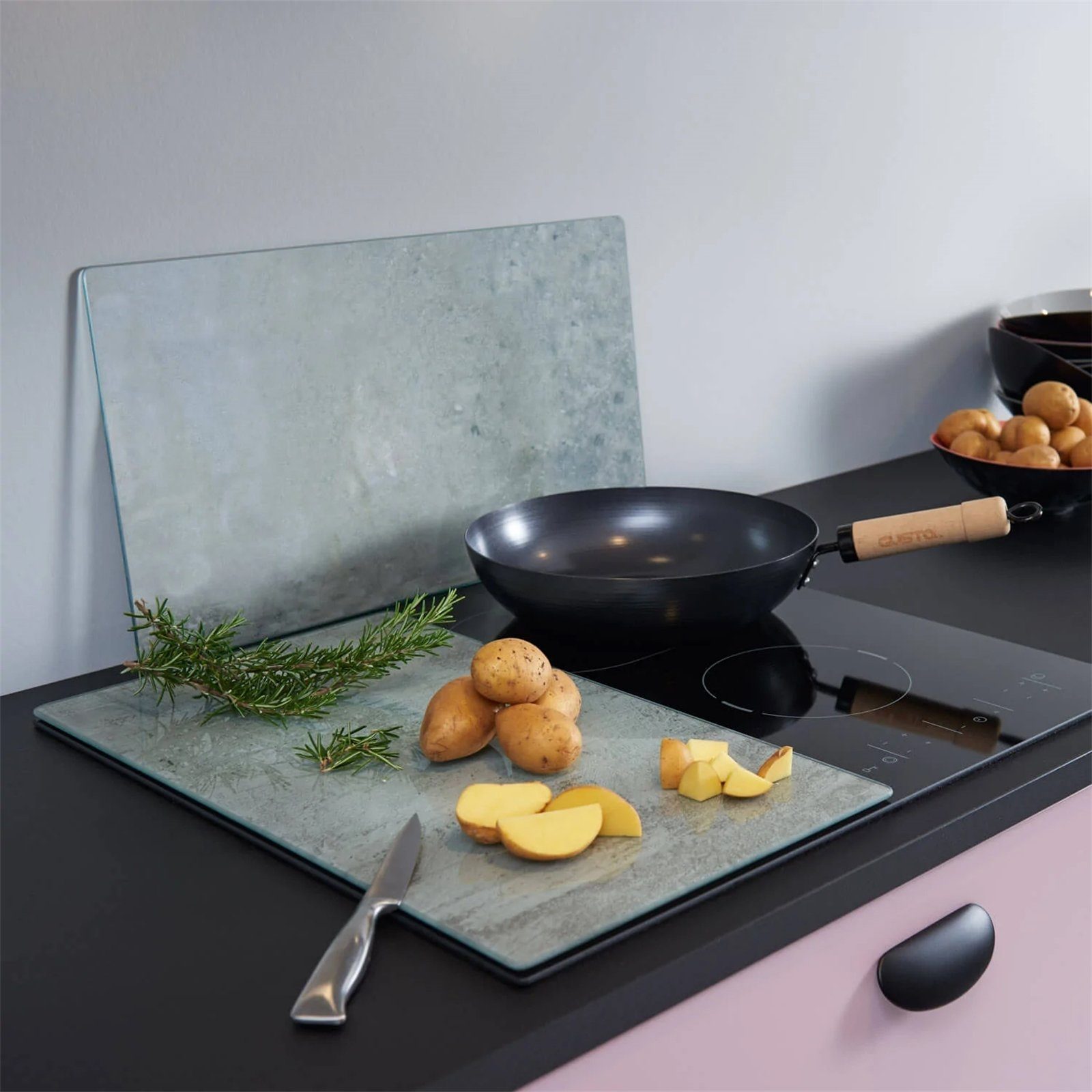 LEONARDO Schneide- und Abdeckplatte Herdabdeckplatten 2er-Set Cucina Steinopotik, Glas, (Set, 2 tlg)