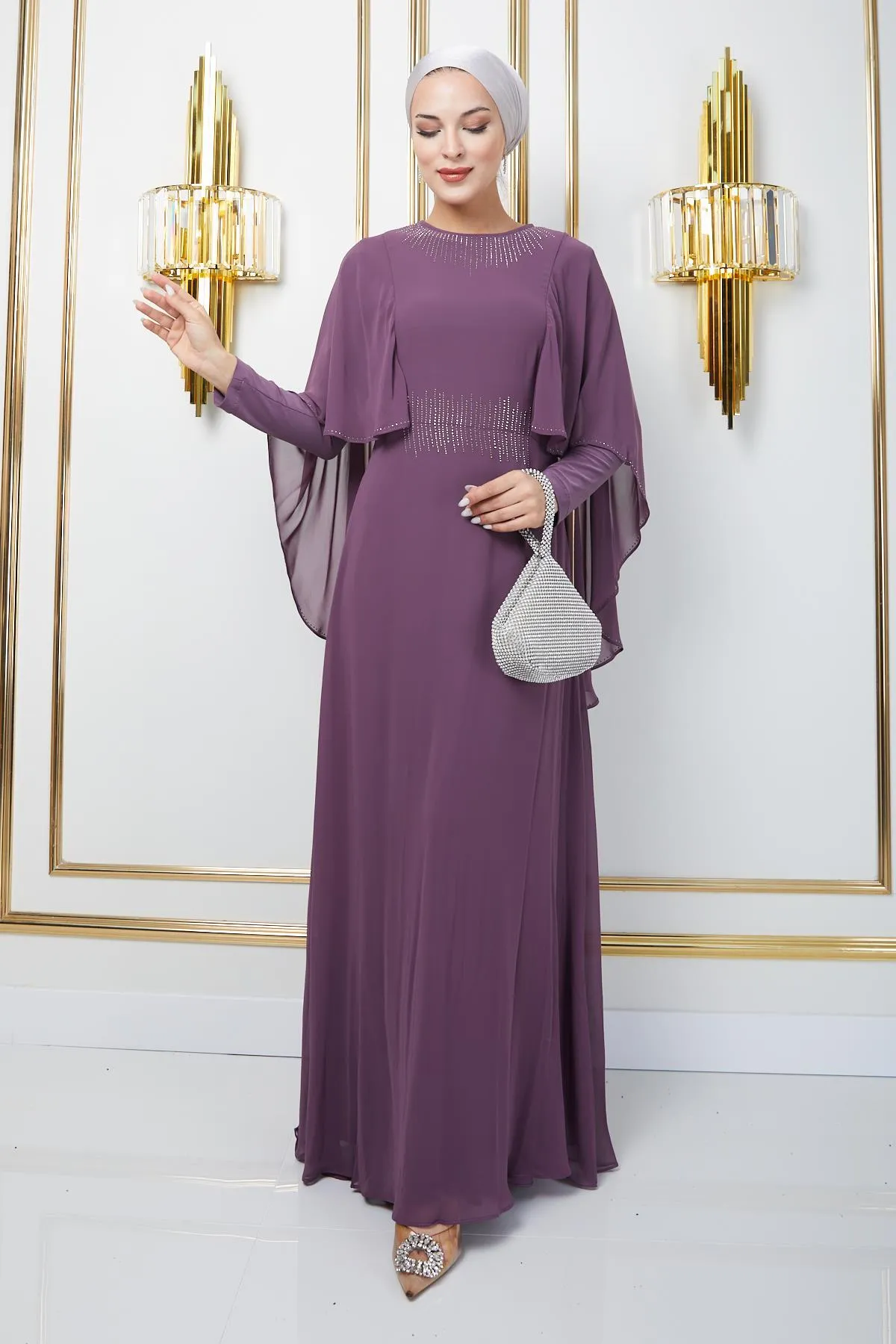 Olcay  Chiffon-Hijab-Abendkleid mit Stein- und Umhangdetails LILA 1650