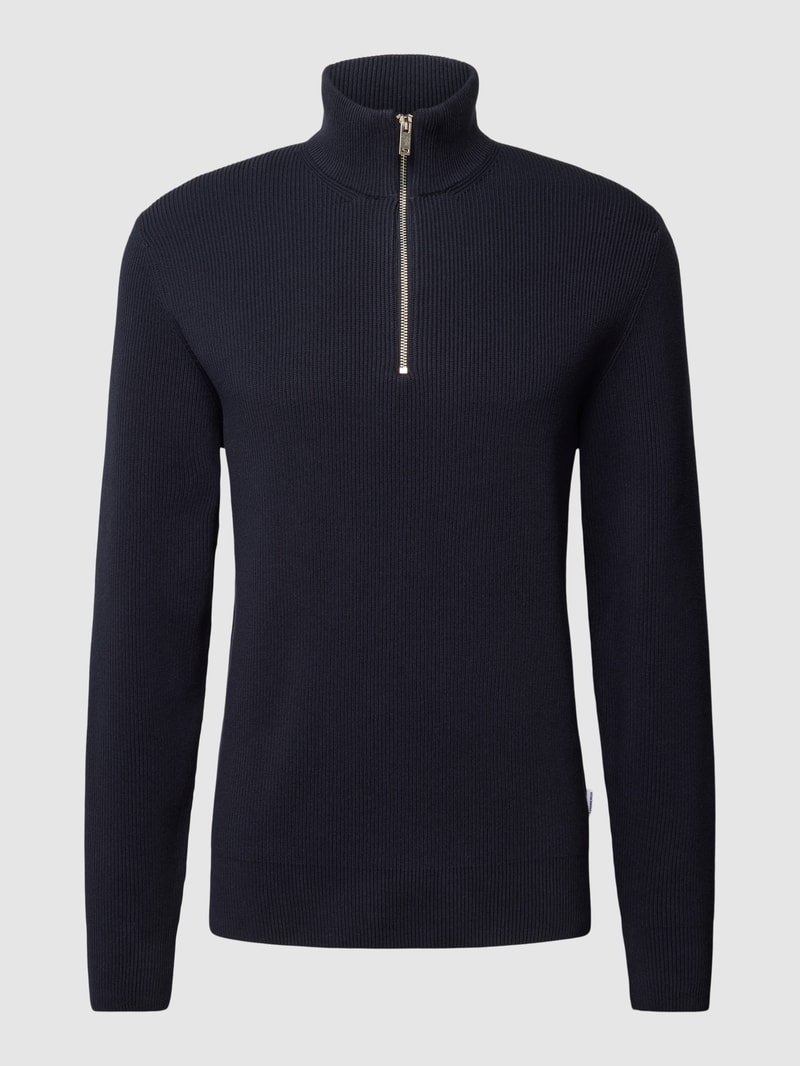 Strickpullover mit Stehkragen und Reißverschluss in marineblau