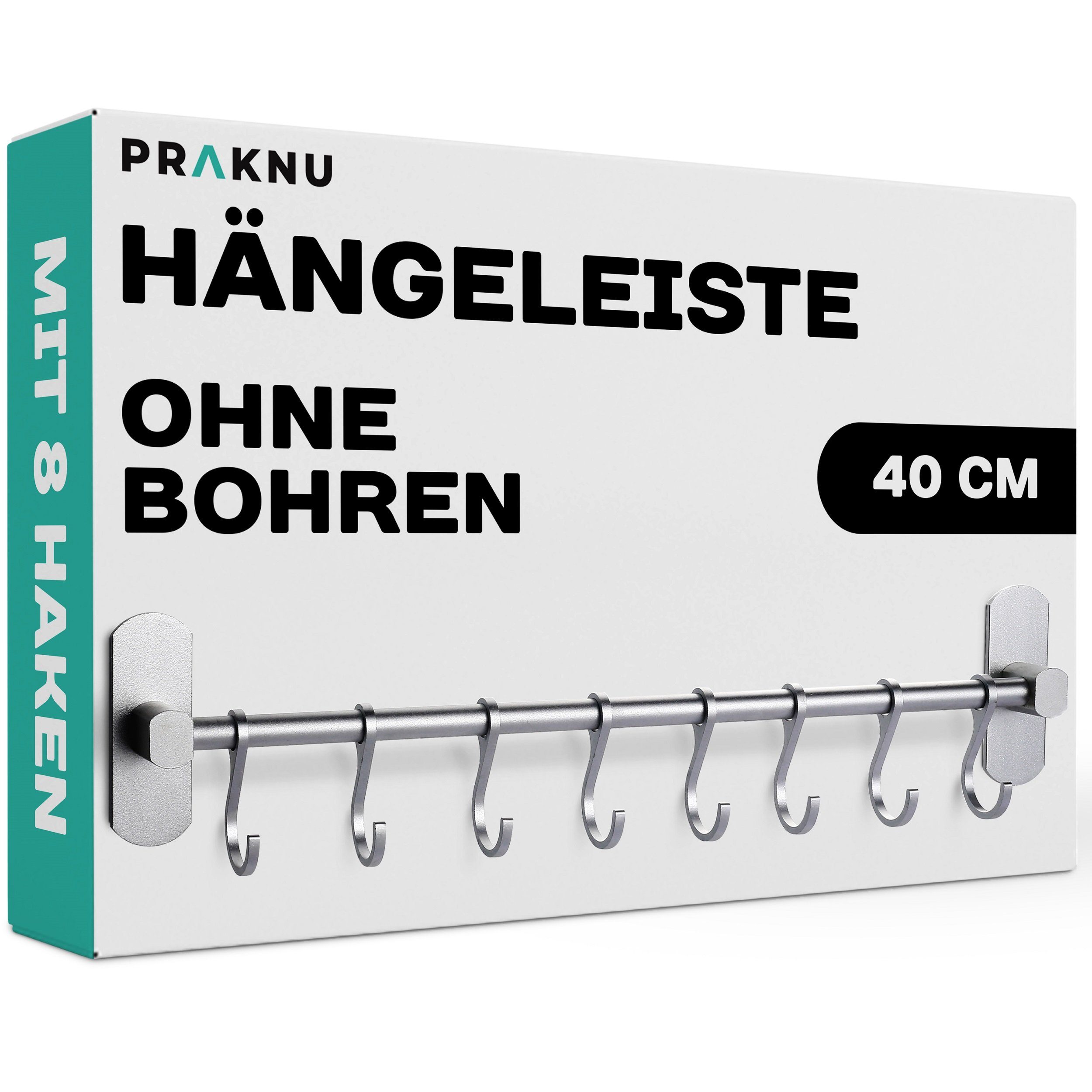 Praknu Wandhaken Hakenleiste für Küchenutensilien mit 8 Haken, Küche, Badezimmer, Terrasse, Balkon, Keller, Werkstatt, Garage, (Set, 8-St., Hakenleiste mit 8 Haken), Ohne Bohren - Selbstklebend - 40 cm
