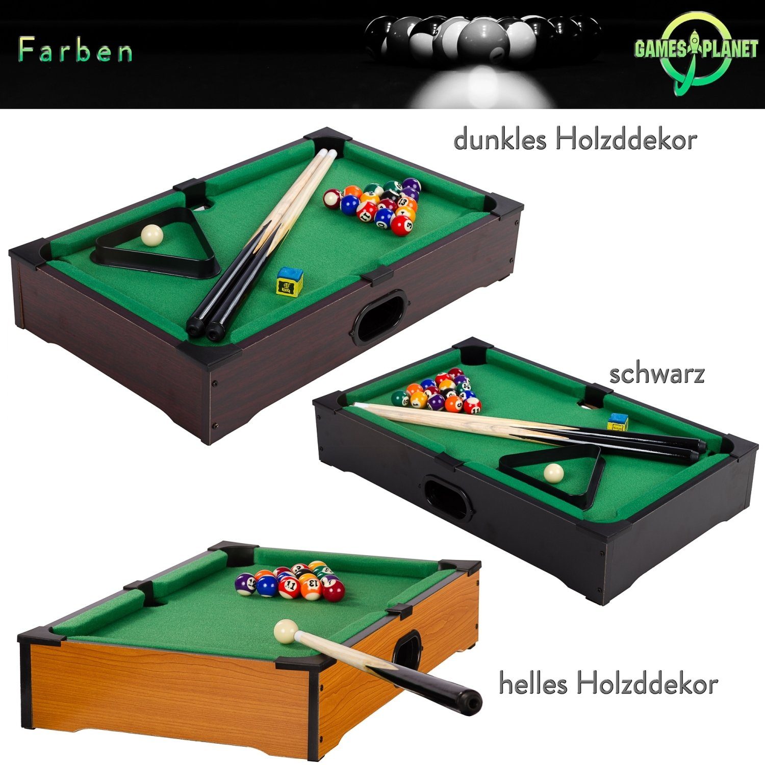 GAMES PLANET Billardtisch Mini Pool Billardtisch Nano inkl. Zubehör, (2 Queues, Kugeln, Dreieck, Kreide), 3 Dekore, Maße: 51x31x10cm