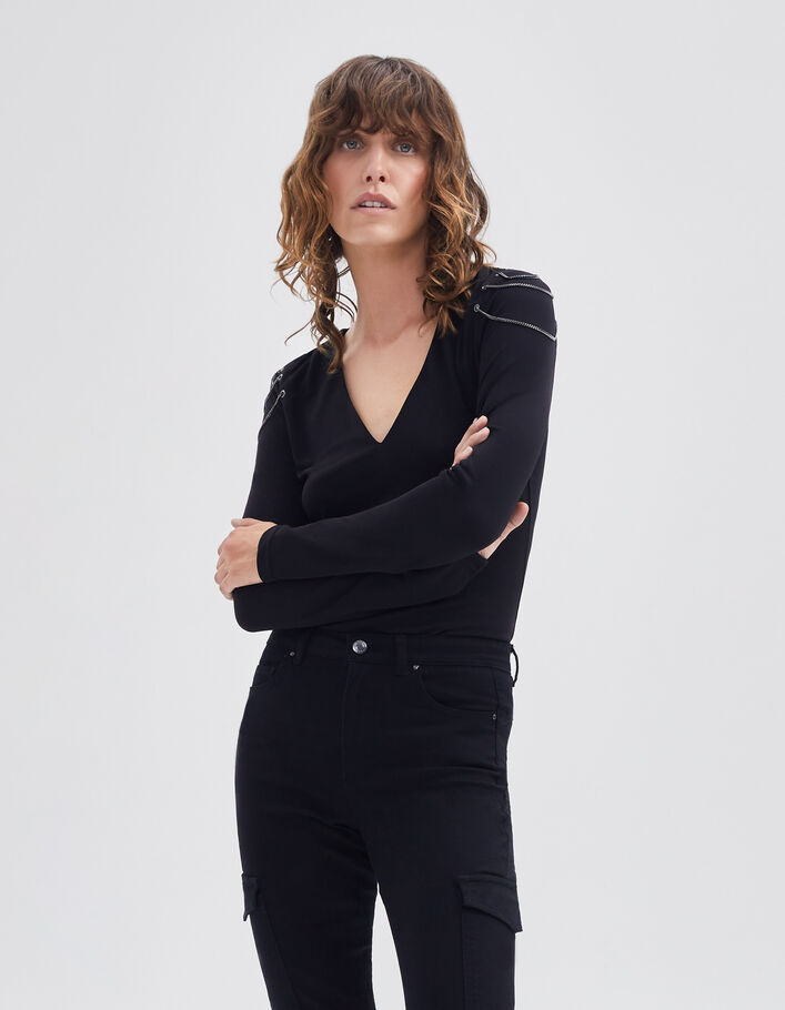 Blouse noire recyclée détails chaînes épaules Femme