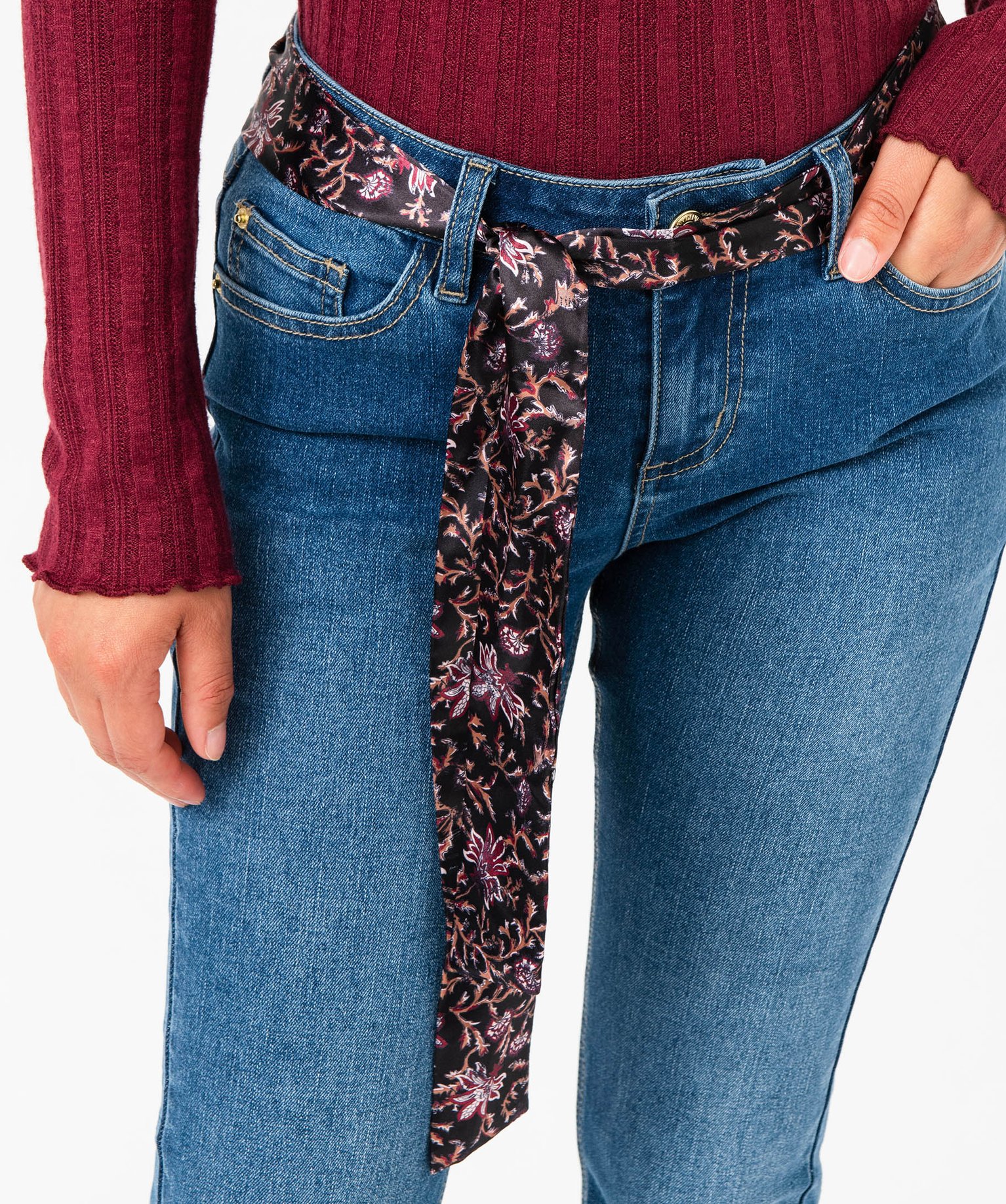 Jean Regular stretch avec ceinture foulard femme stone | GEMO