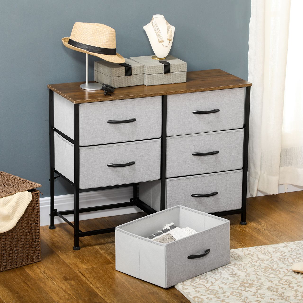 HOMCOM Kommode Schubladenschrank Sideboard mit 6 klappbaren Stoffschubladen Grau