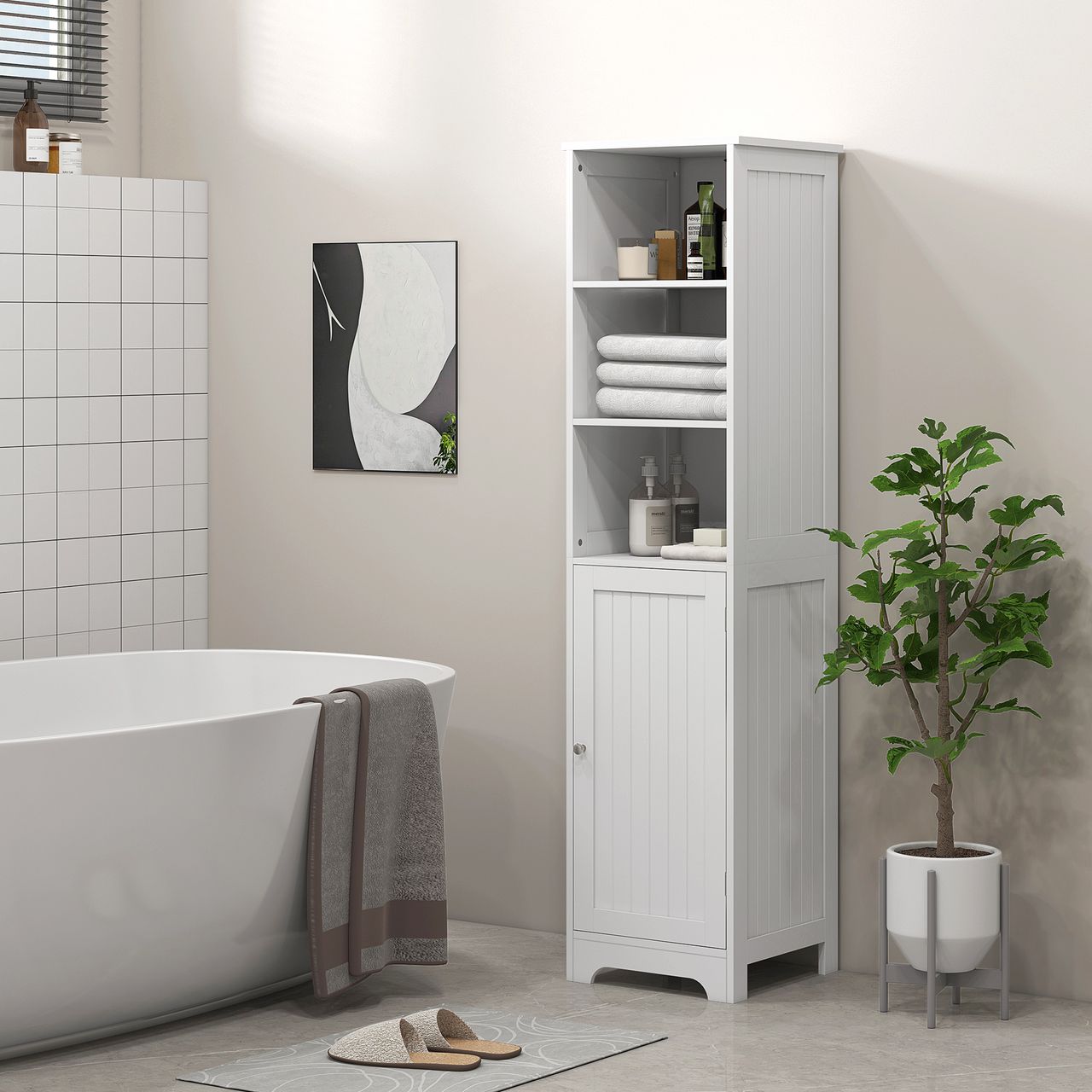 HOMCOM Badezimmerschrank Badschrank mit 3 offenen Fächern, 1 Schrankfach, Weiß