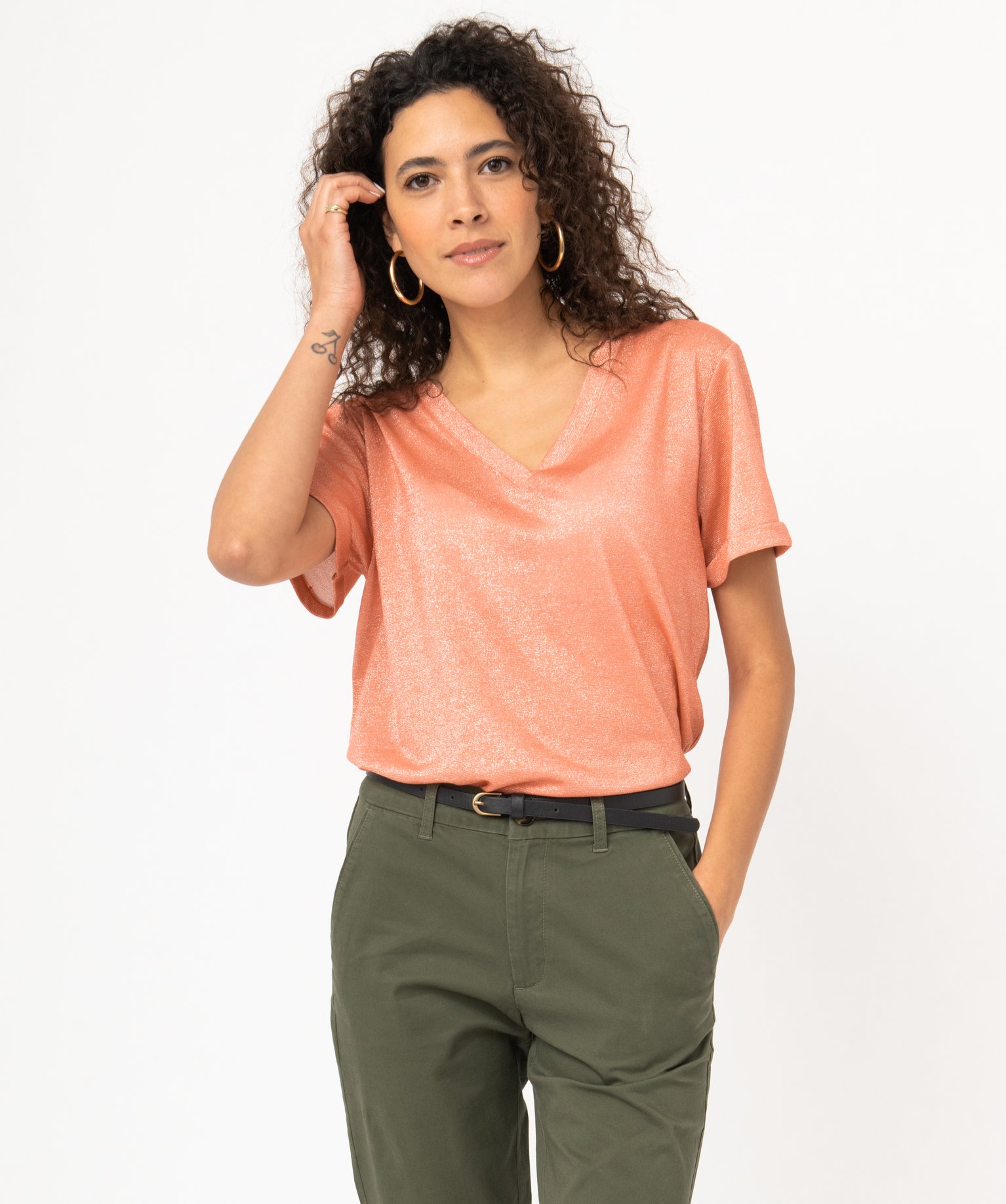 Tee-shirt à manches courtes en maille pailletée femme rose | GEMO