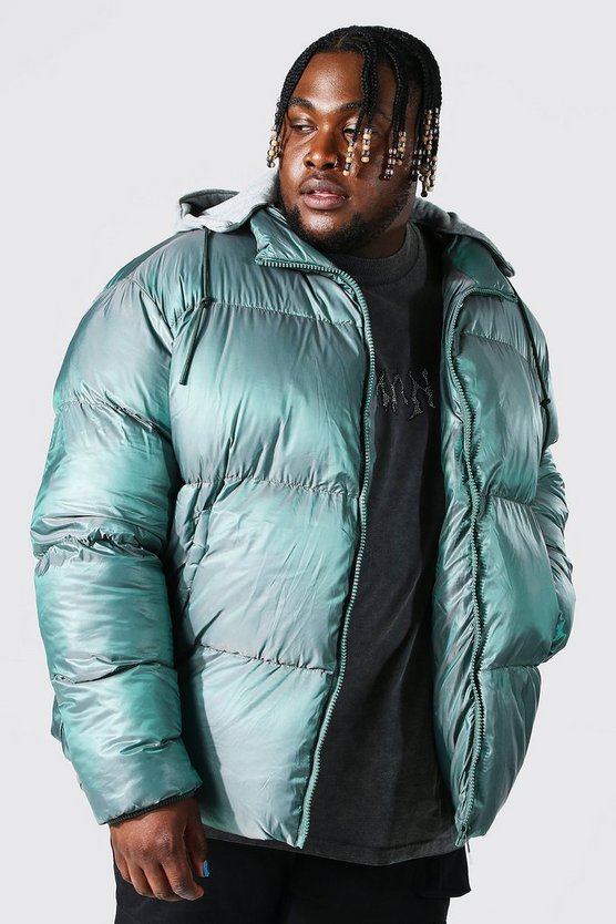 Plus zweifarbige Steppjacke mit abnehmbarer Jersey-Kapuze