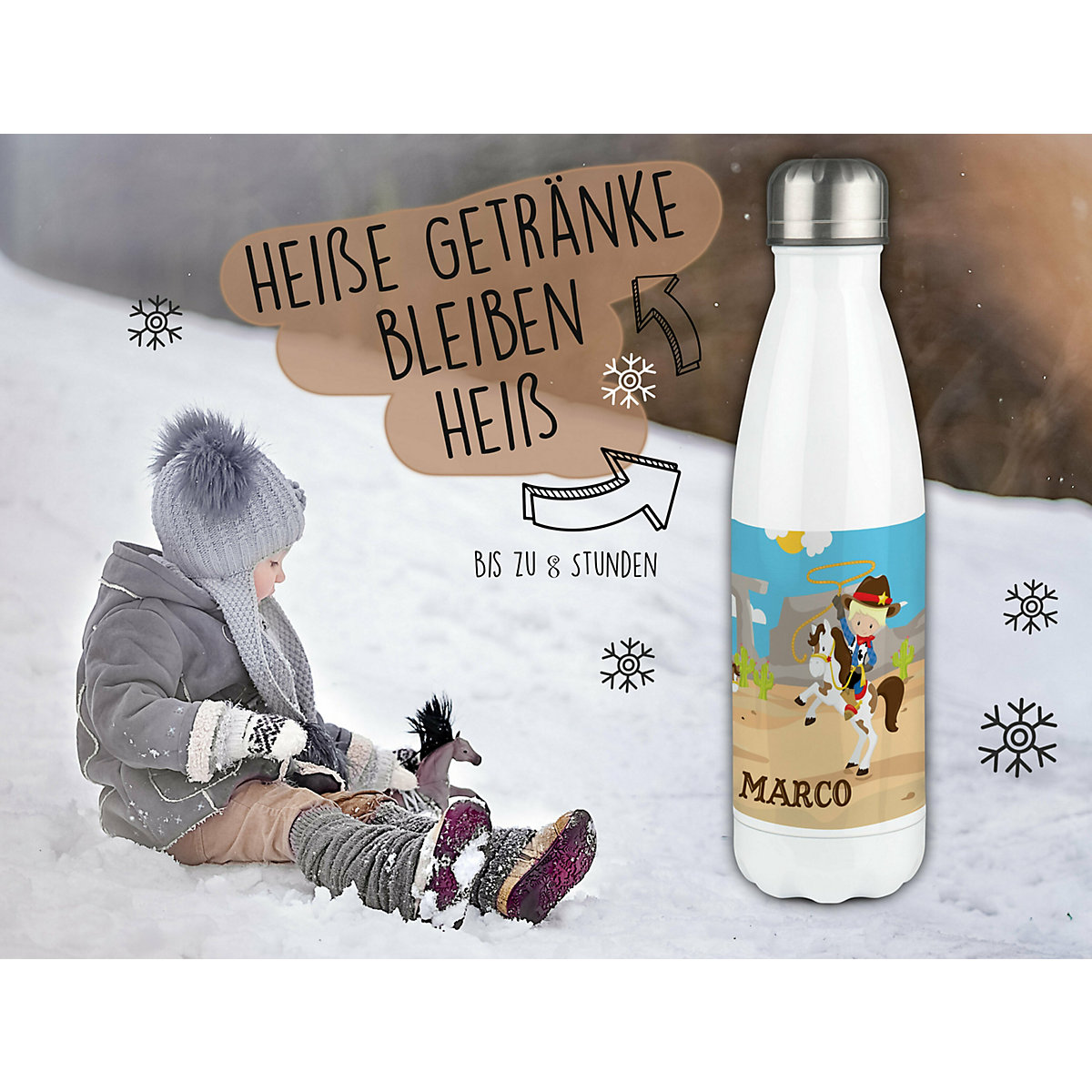 Edelstahl Kinder Thermoflasche / Trinkflasche bunt Cowboy Spülmaschinenfest, Auslaufsicher, Bruchfest, Doppelwandig, Für Heißgetränke geeignet, Mit Deckel, Isoliert