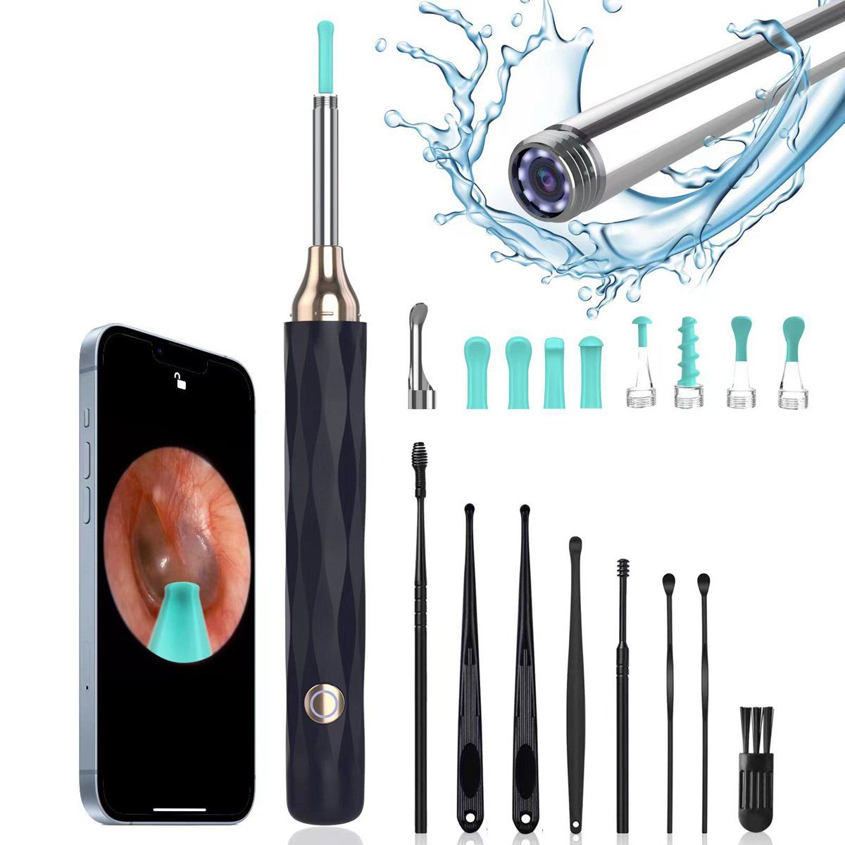 flowgoer Ohrenreiniger 1080P WiFi-Ohrreiniger, Ohrenschmalz-Entferner-Otoskop, 1-tlg., mit Kamera, IP67, wasserdichtem Endoskop, Ohr-Otoskop