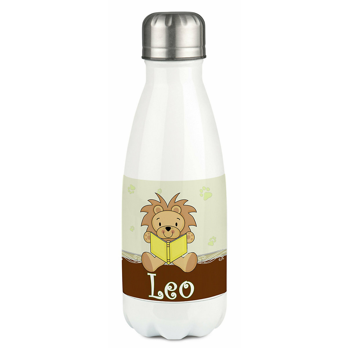 Edelstahl Kinder Thermoflasche / Trinkflasche bunt Leselöwe Farbe braun Spülmaschinenfest, Auslaufsicher, Bruchfest, Doppelwandig, Für Heißgetränke geeignet, Mit Deckel, Isoliert