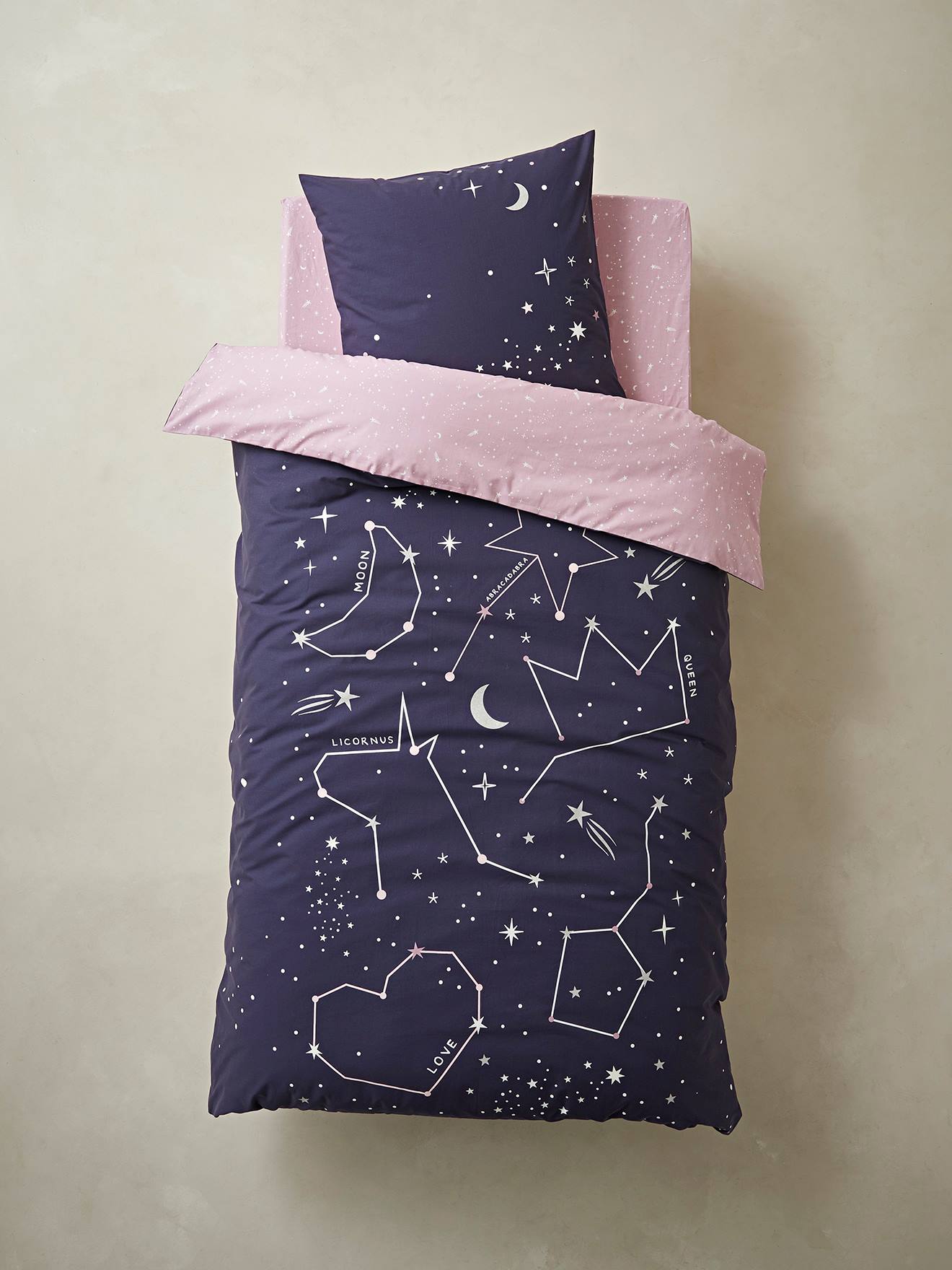 Parure housse de couette + taie d'oreiller avec détails phosphorescents MISS CONSTELLATION marine / parme