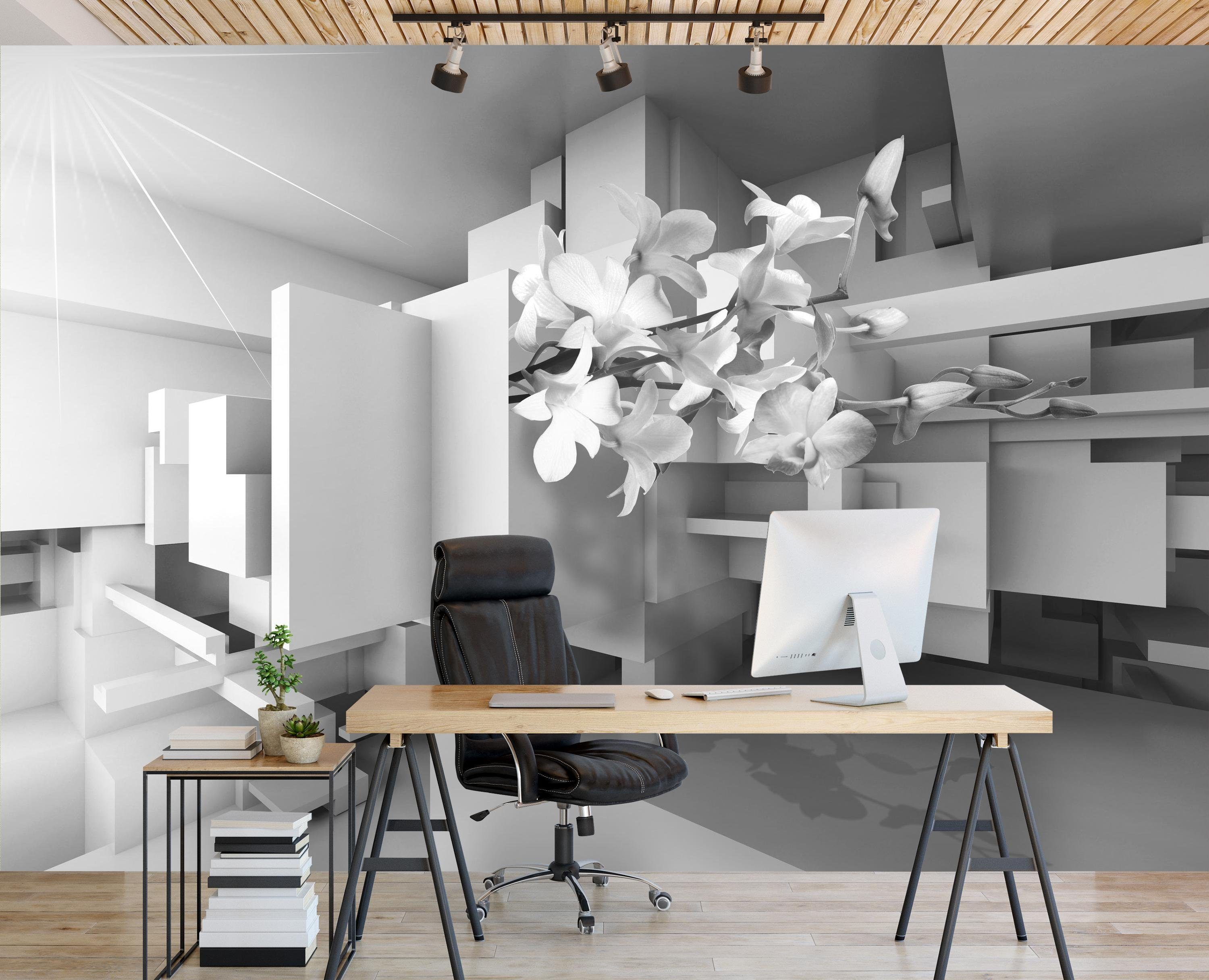wandmotiv24 Fototapete Orchidee 3D Grau, glatt, Wandtapete, Motivtapete, matt, Vliestapete