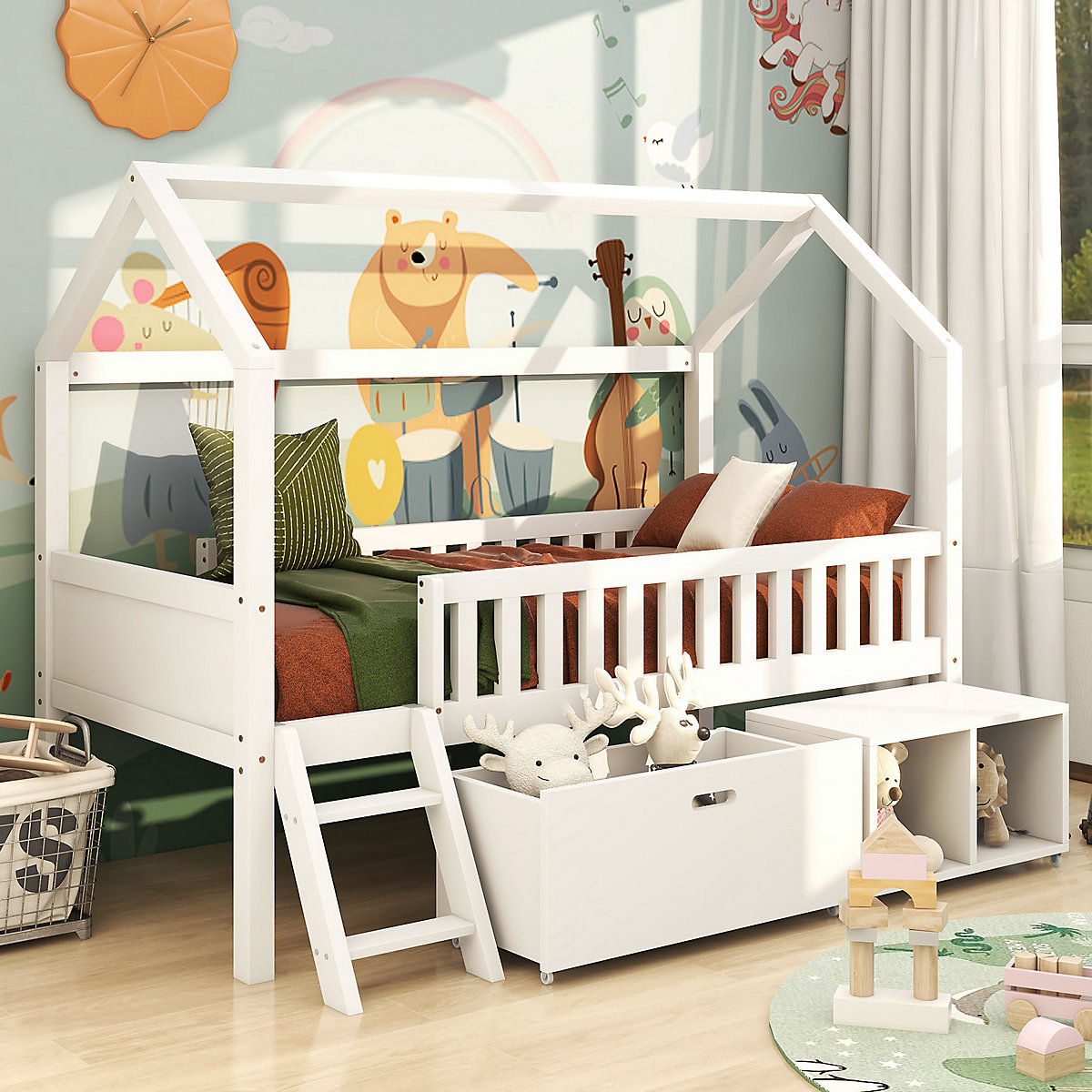 Hausbett 90x200 cm mit Leiter und Schubladen, Kinderbett Massiv